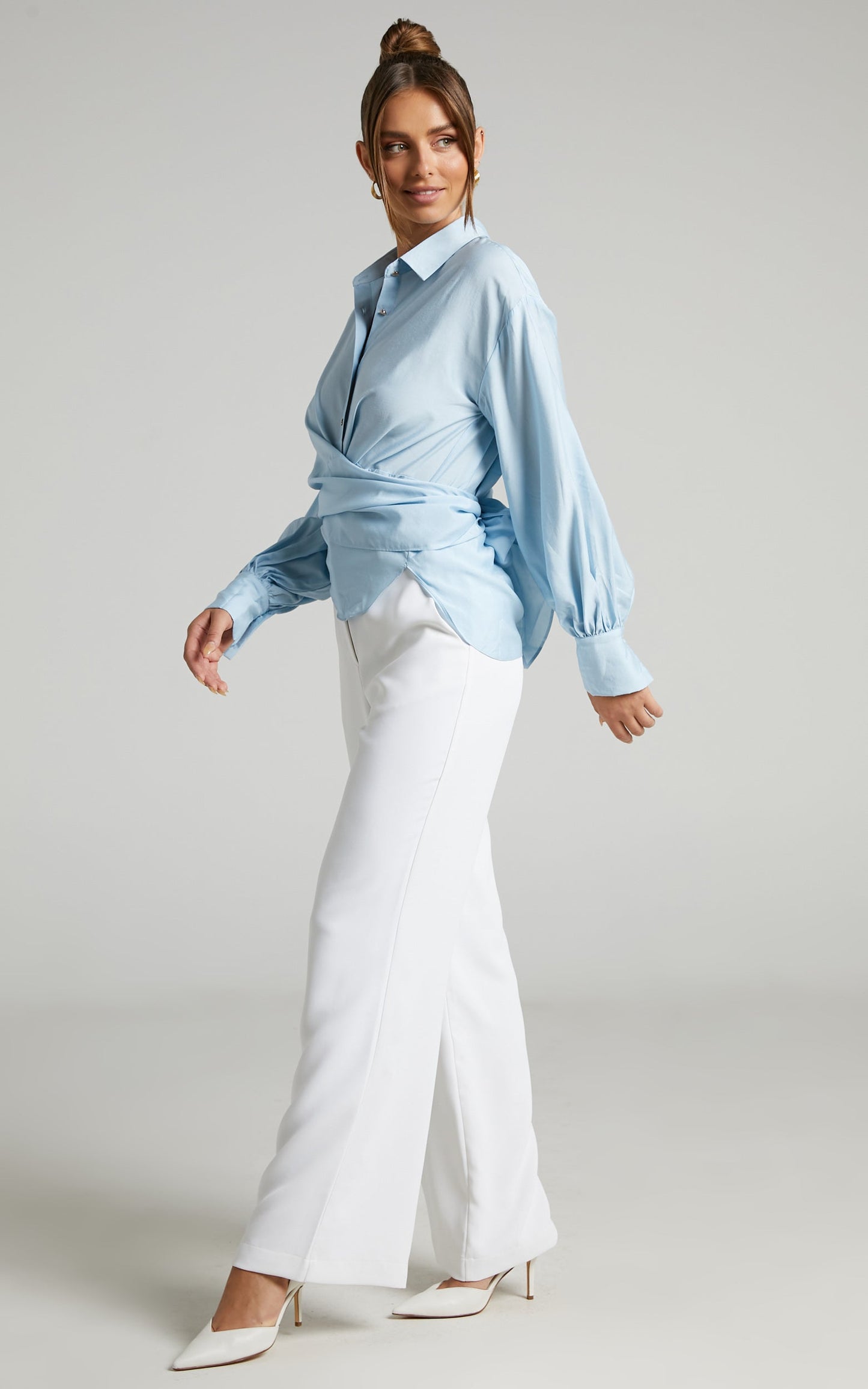 Ehrna Shirt - Twist Front Collared Long Sleeve Shirt in Ice Blue