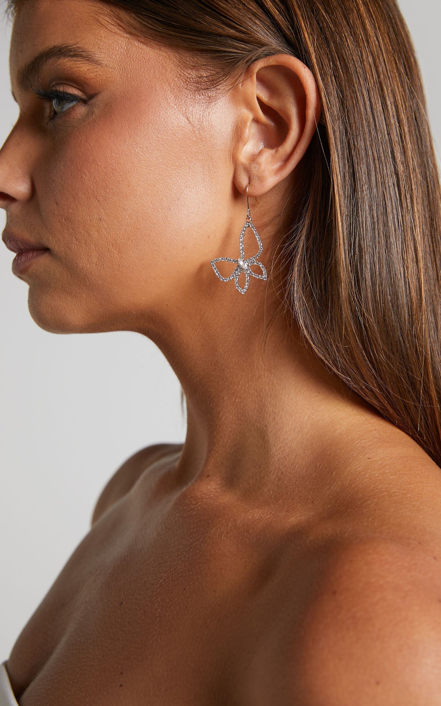 Eilonwy Diamante Butterfly Drop Earrings in Gold