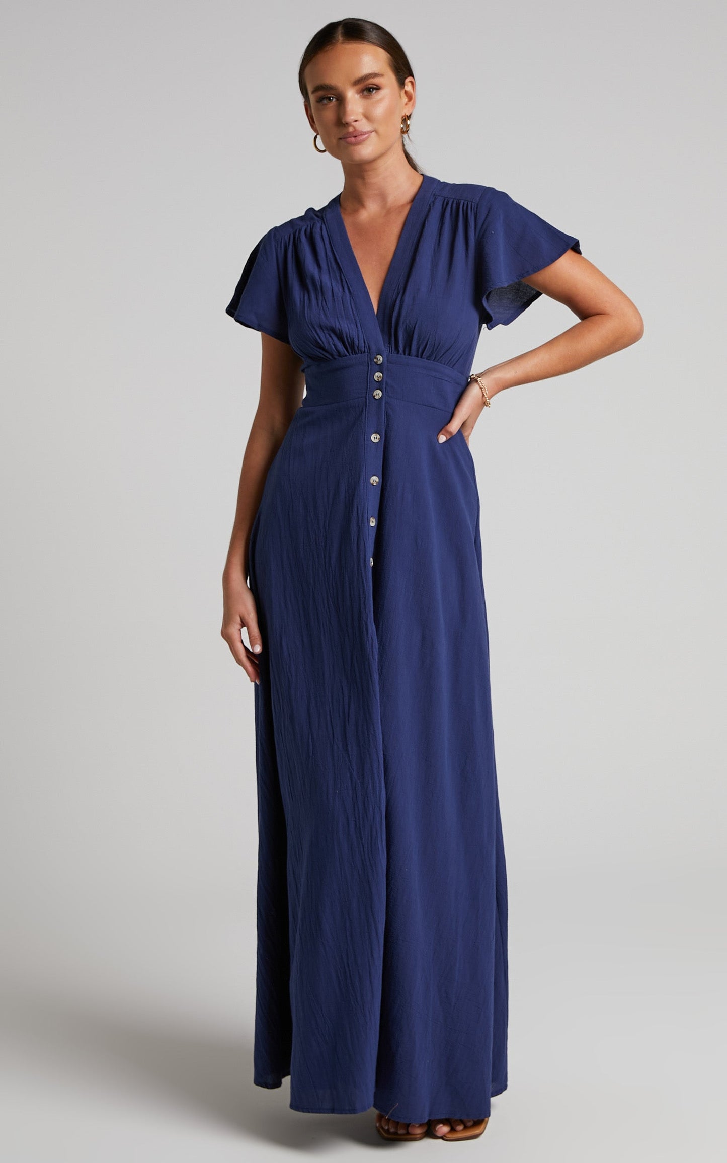 Elijah Midi Dress - Empire Waist Button Down Dress in Navy