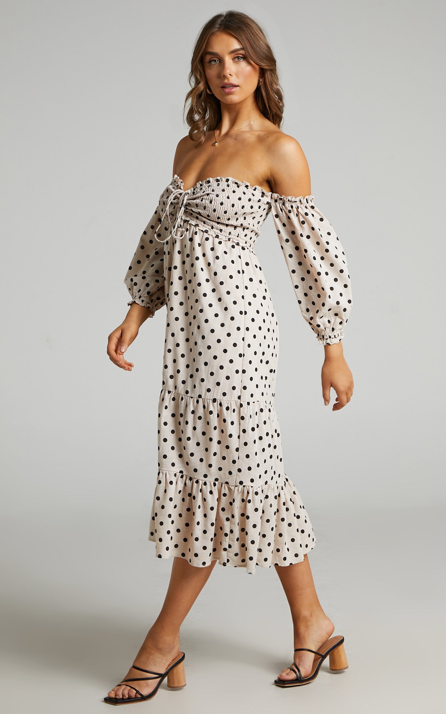 Emmah Midi Dress - Linen Off Shoulder Tiered Dress in Beige