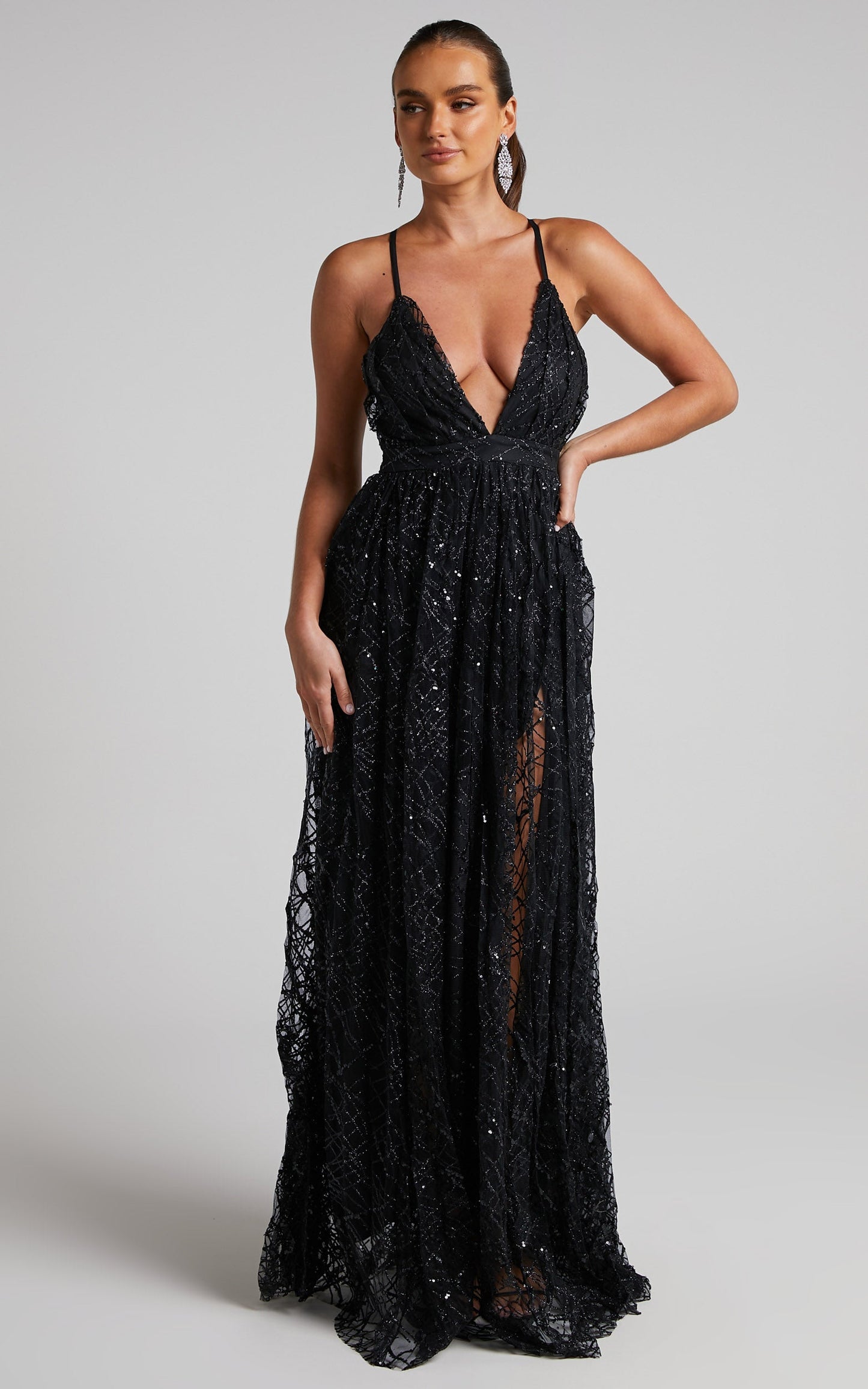 Eternal Sunshine Maxi Dress - Cross Back Plunge Neck Dress in Black Sequin Tulle
