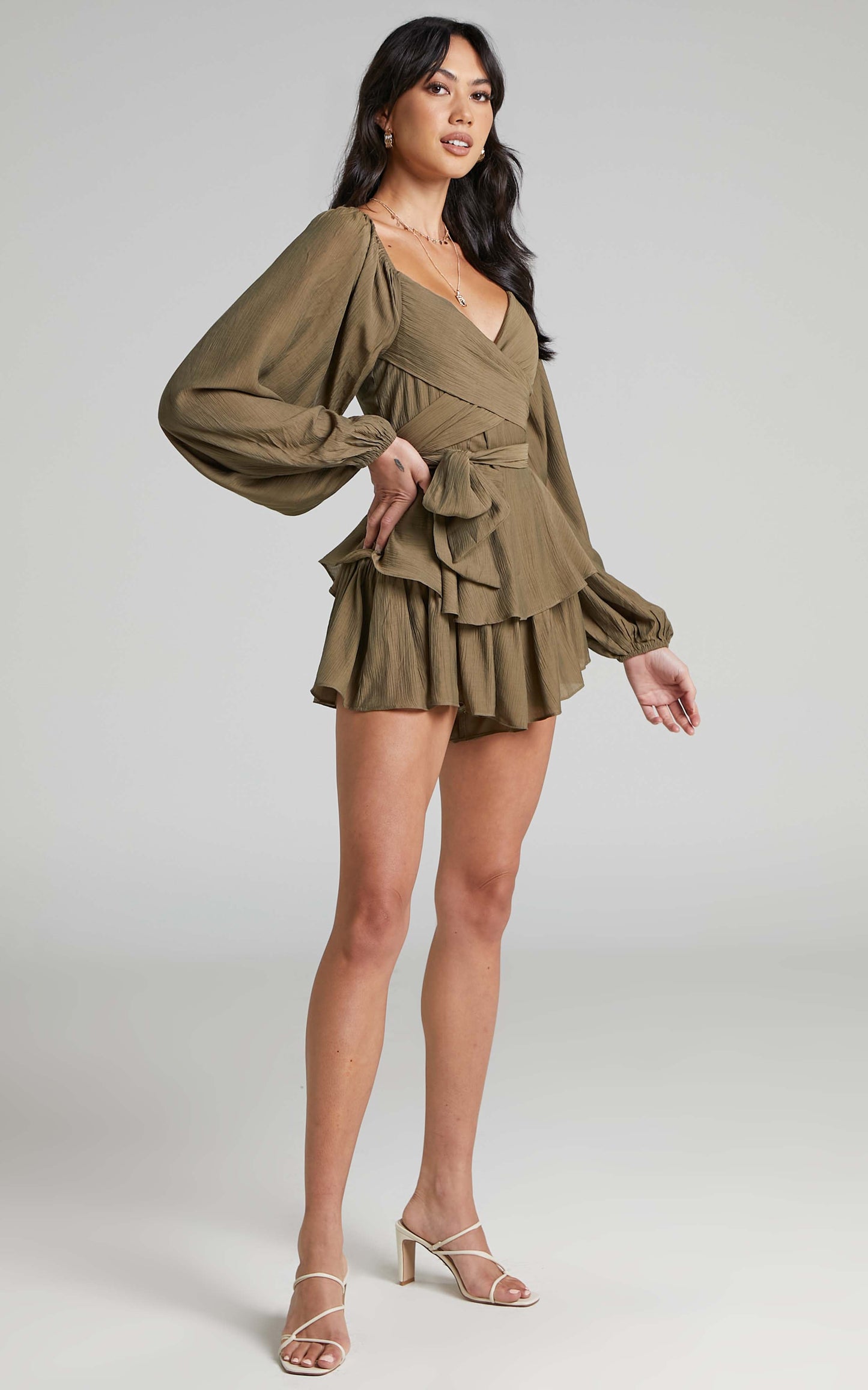 Florice Playsuit - Wrap Front Frill Playsuit in Khaki