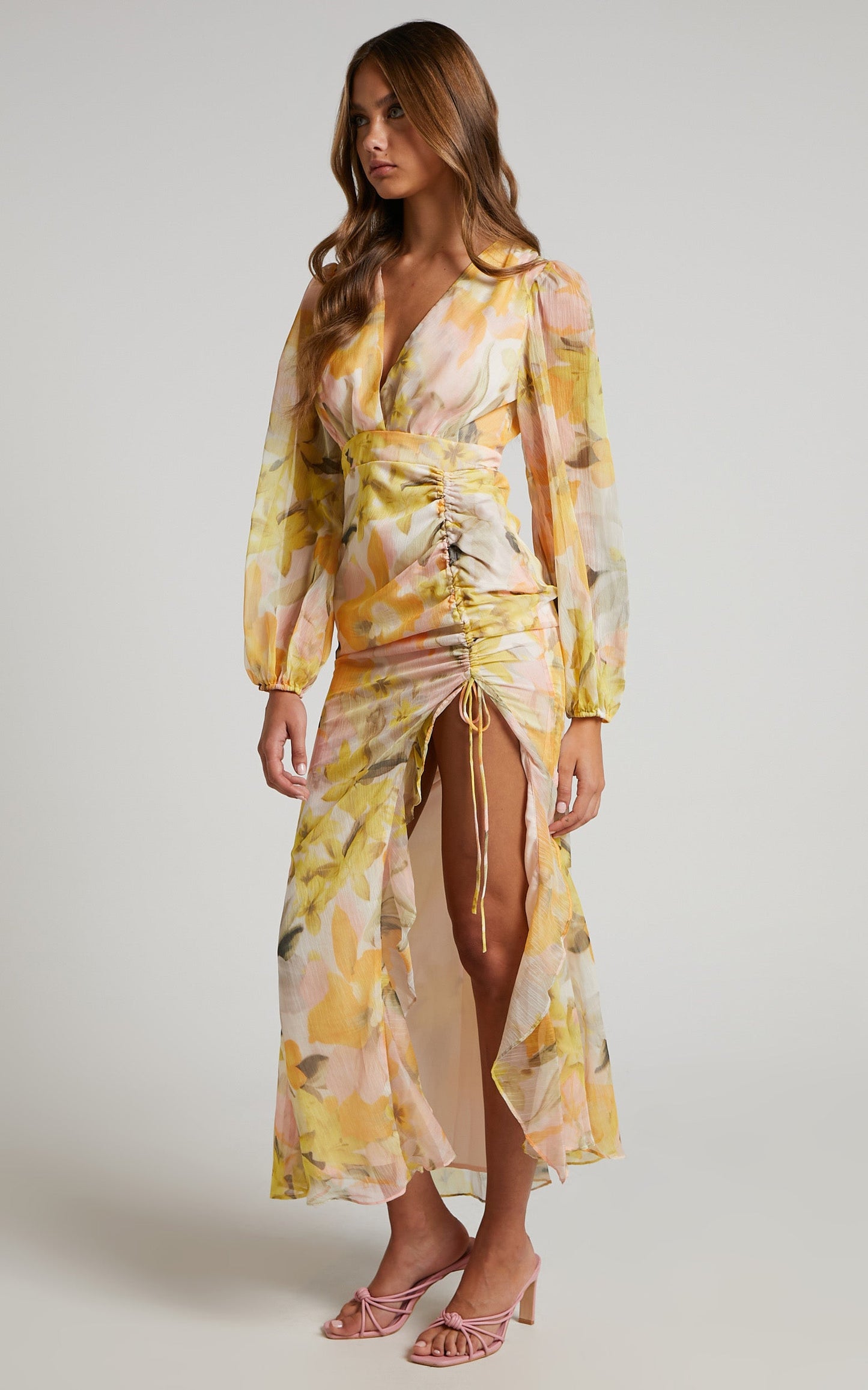 Francesca Midi Dress - Puff Sleeve V Neck Thigh Split Dress in Summer Haze