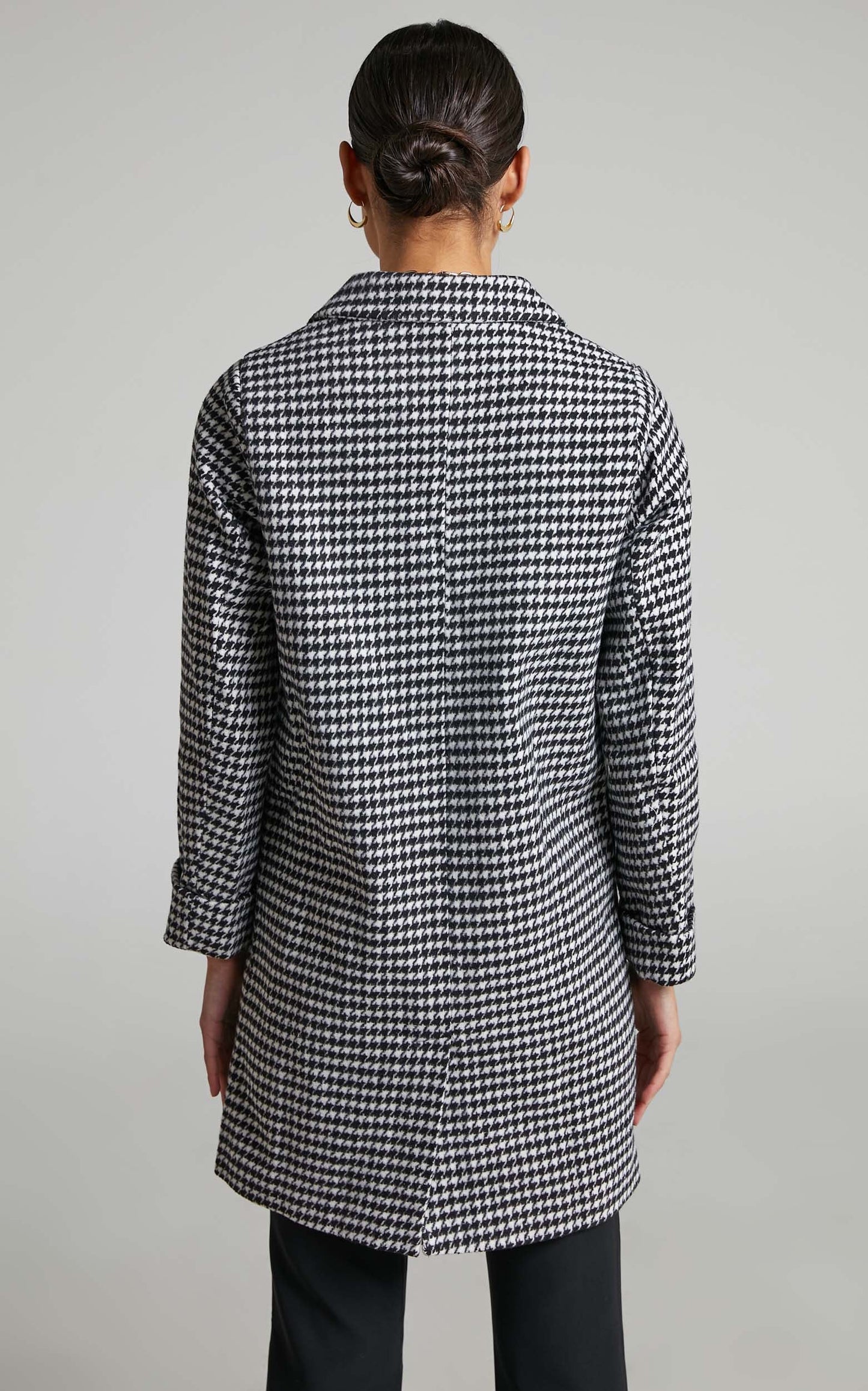 Hermeena Coat - Linen Look Double Breasted Longline Coat in Black/White check