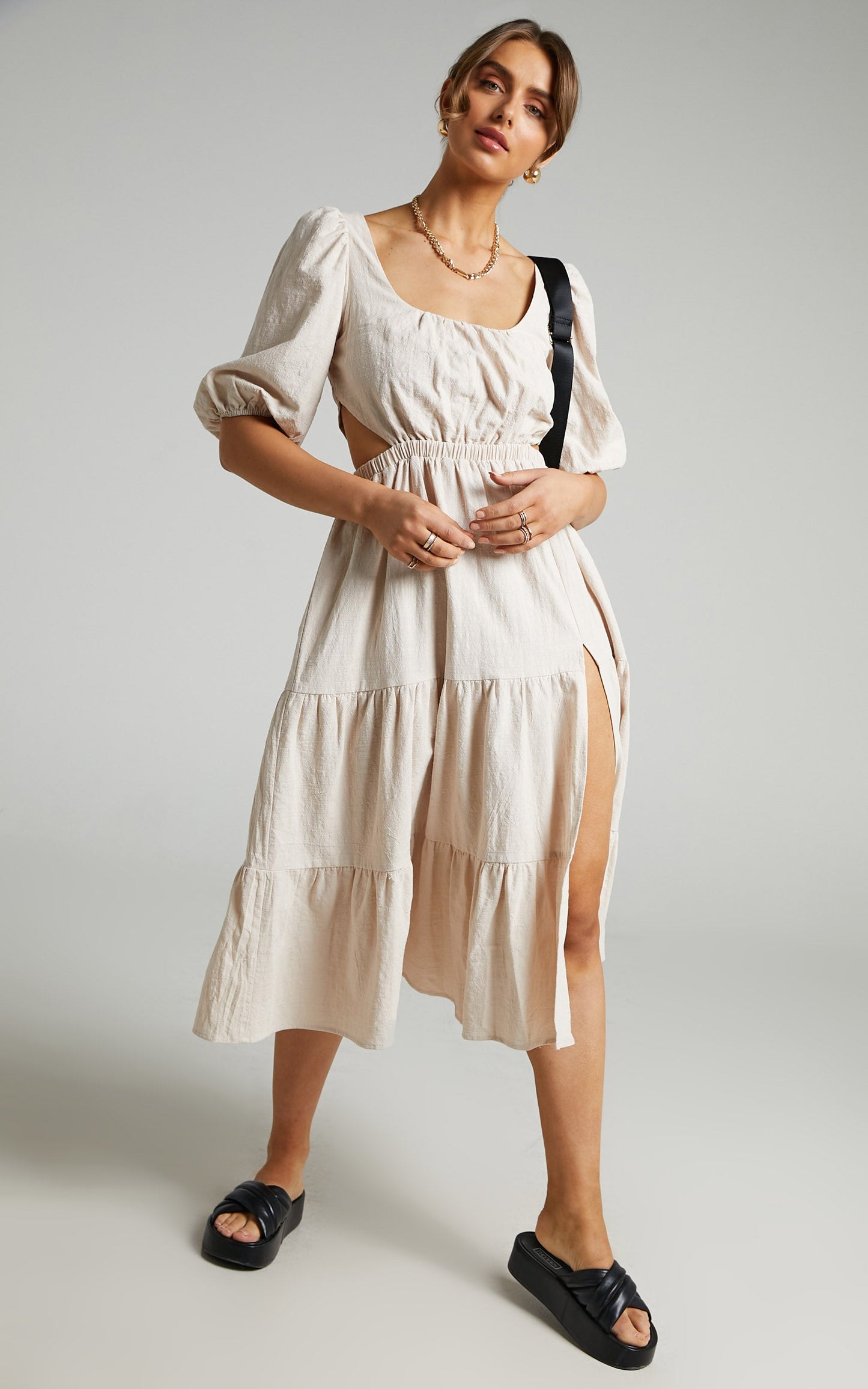 Ianthea Cut Out Tiered Midi  Dress in Beige