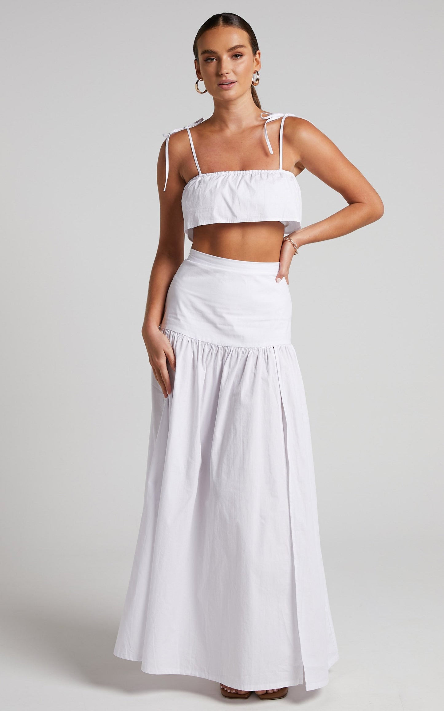 Ivanna Two Piece Set - Tie Shoulder Crop Top and Drop Waist Maxi Skirt in White