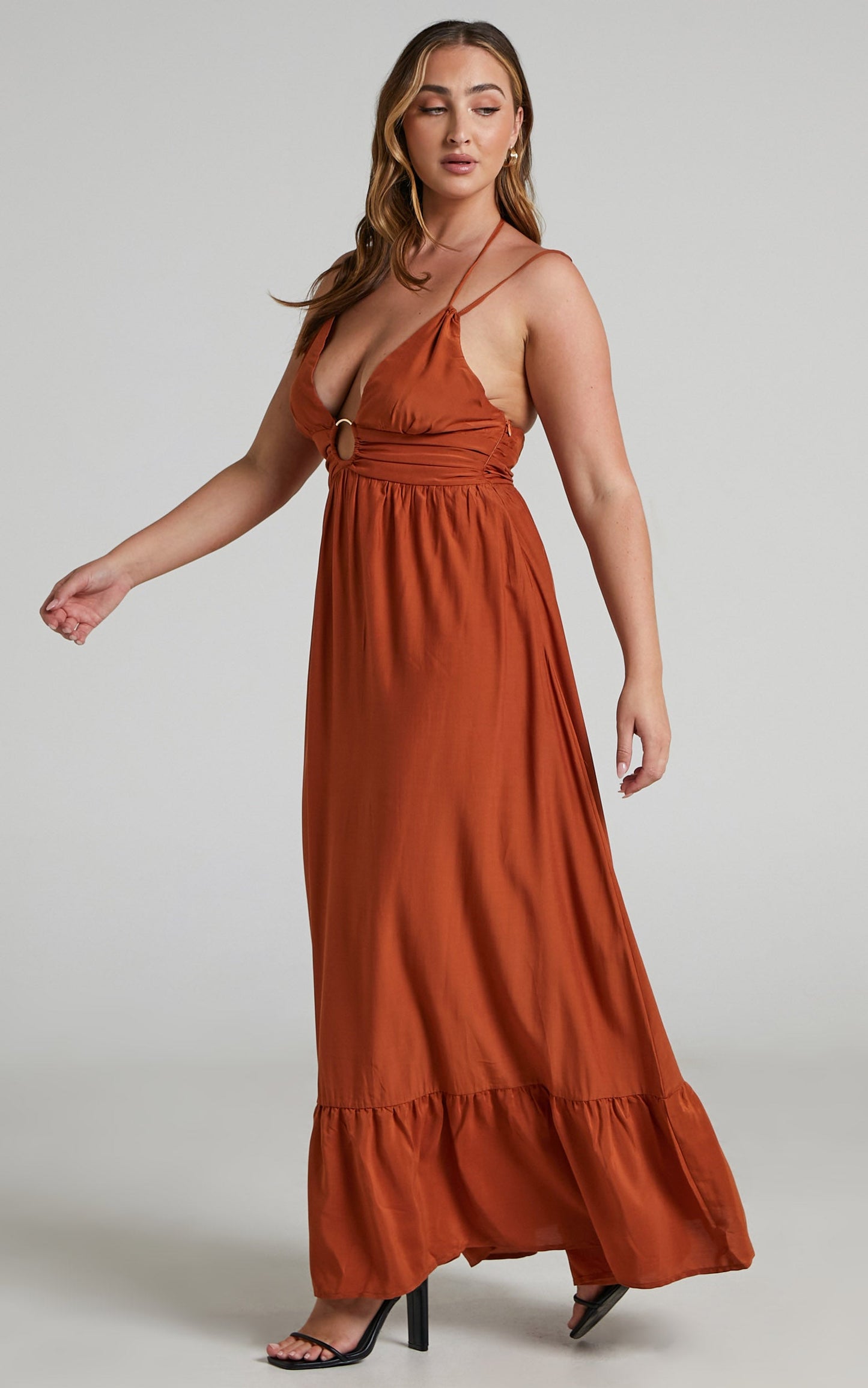 Jadiah Midi Dress - Ring Detail Plunge Dress in Rust