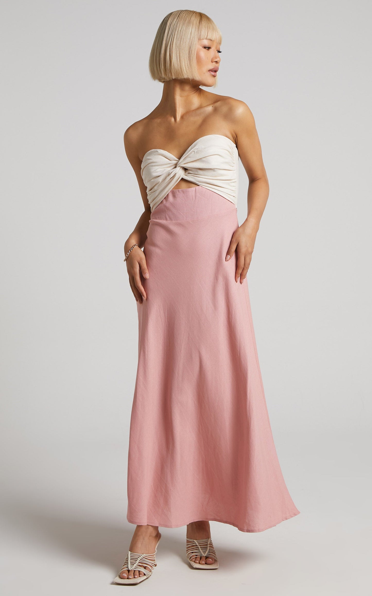 Jaqueline Maxi Dress - Two Tone Twist Front Strapless Sweetheart Dress in White & Pink