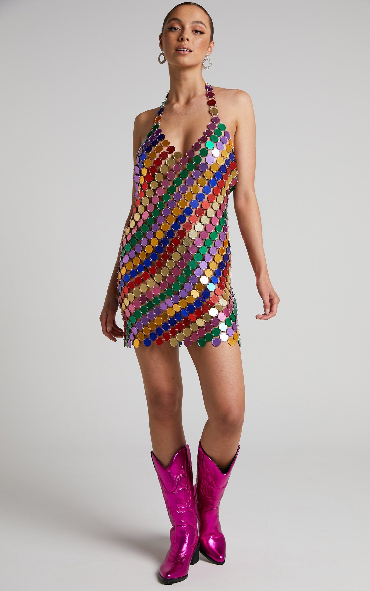Jasleen Mini Dress - Circle Disc Sequin Halter Dress in Multi