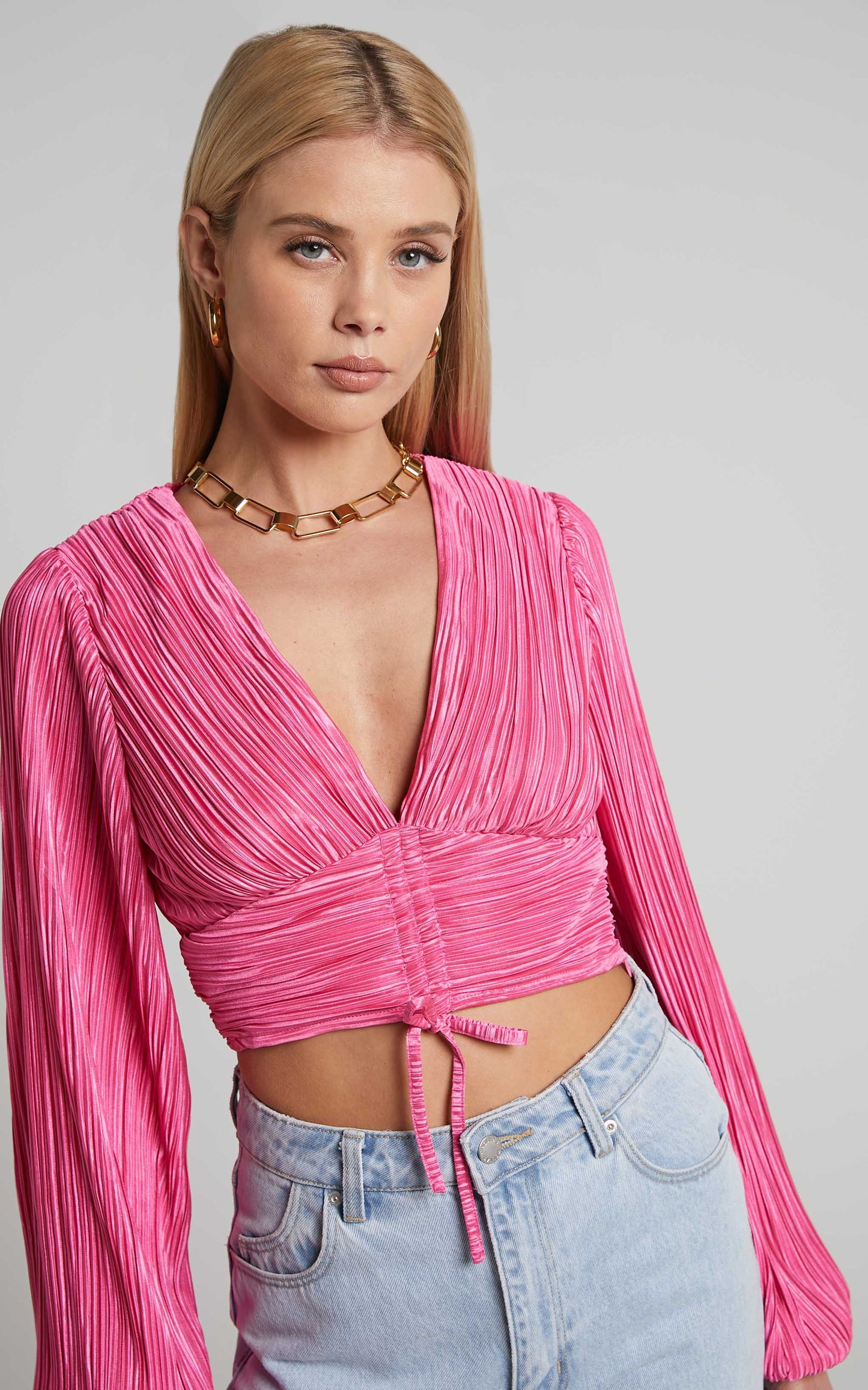 Jondra Blouse - Ruched Front Long Sleeve Plisse Blouse in Pink