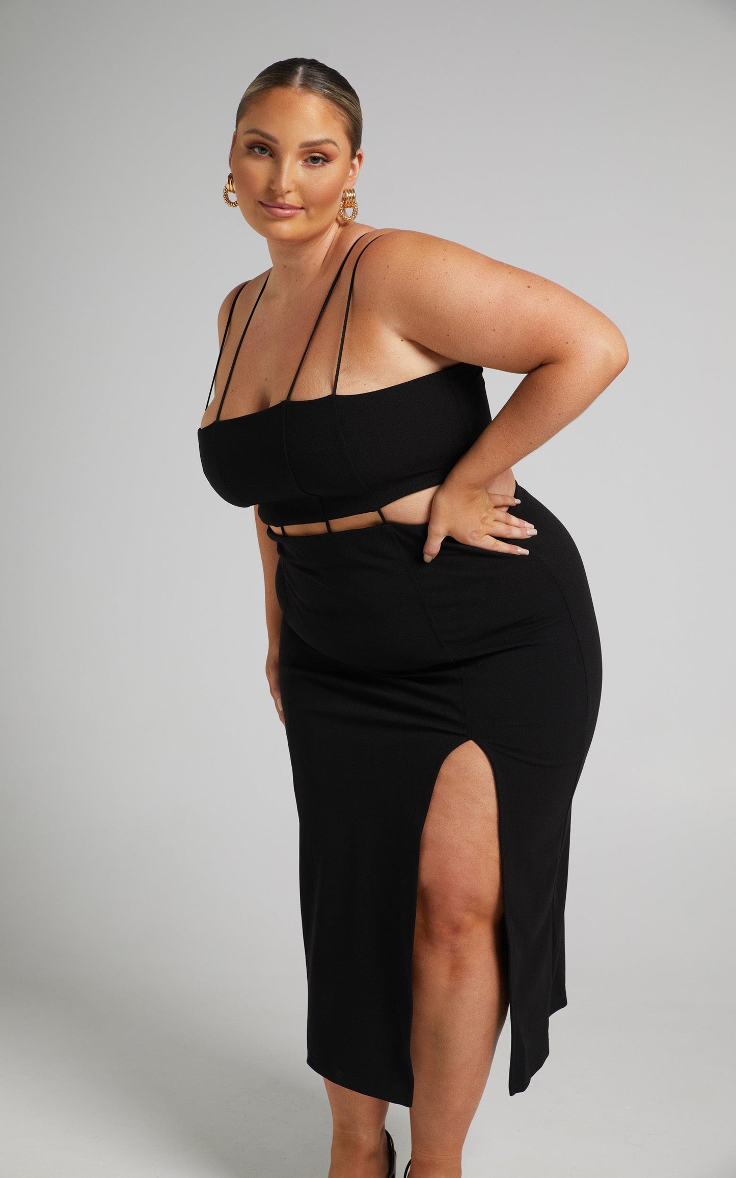 Sumeria Strap Detail Midi Dress in Black