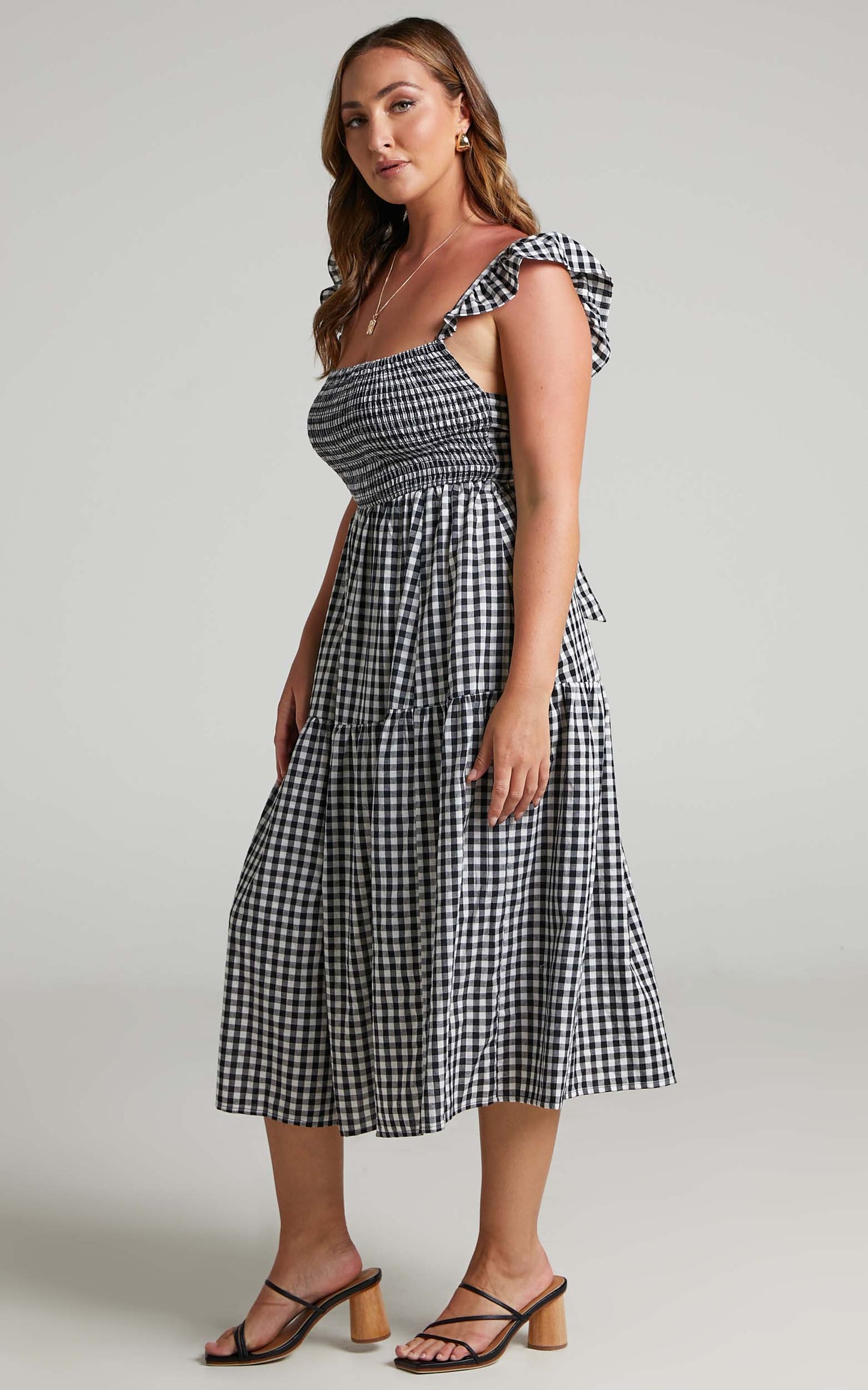 Kamrin Shirred Bodice Frill Sleeve Midi Dress in Black Gingham Print