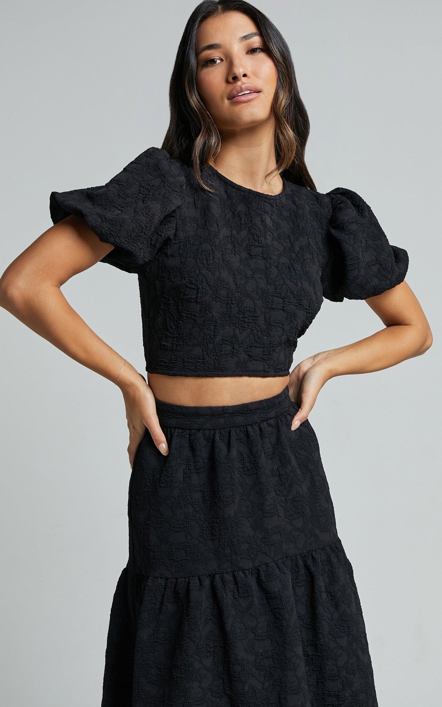 Leila Two Piece Set - Puff Sleeve Top and Midi Skirt Set in Black