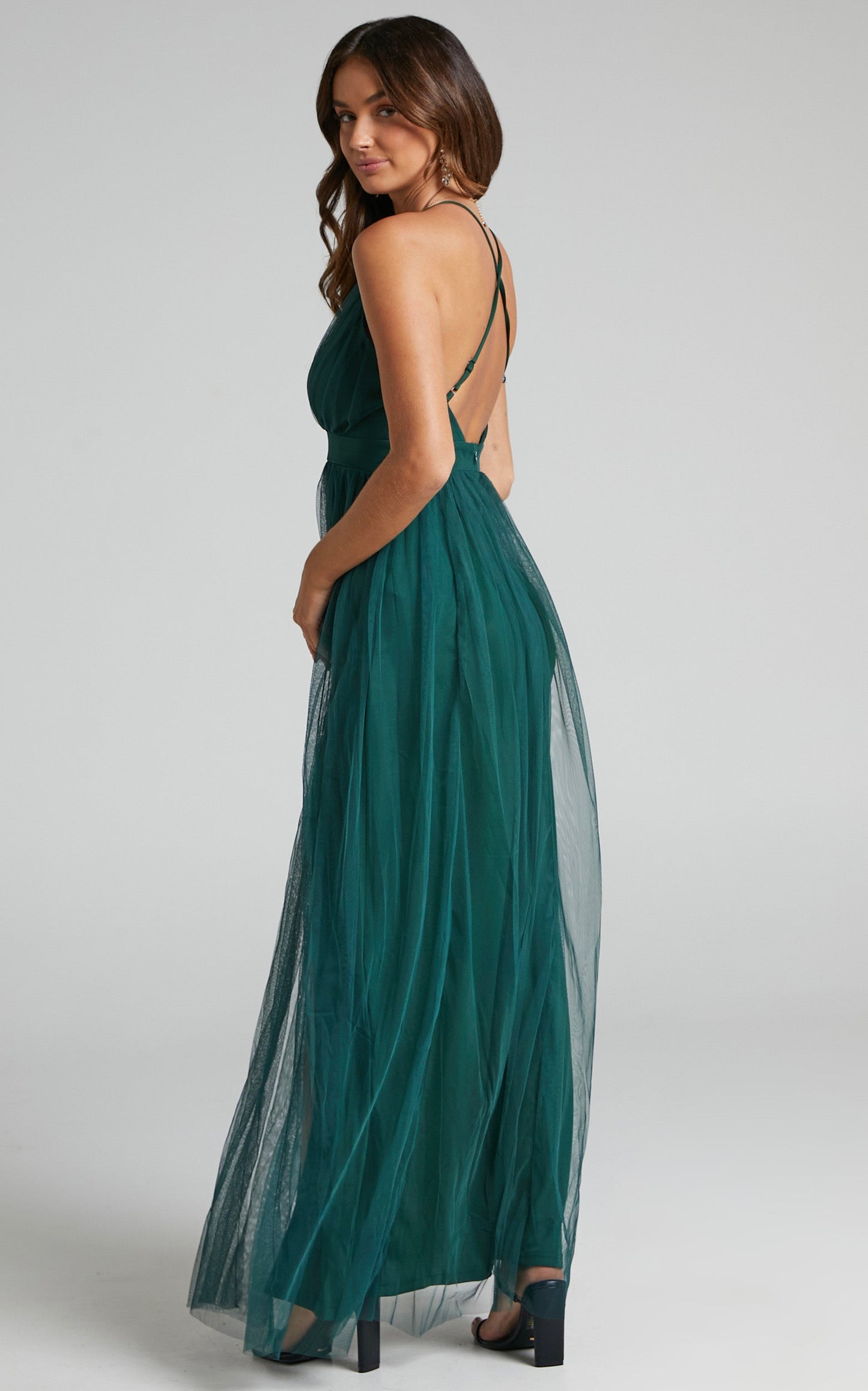 Like A Vision Midi Dress - Plunge Thigh Split Dress in Emerald Tulle