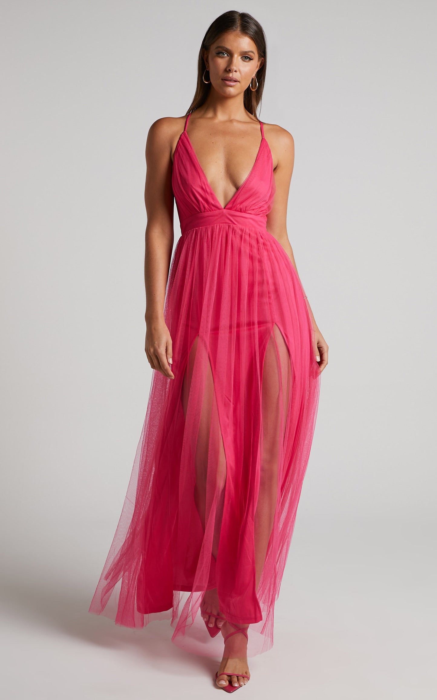 Like A Vision Midi Dress - Plunge Thigh Split Dress in Hot Pink
