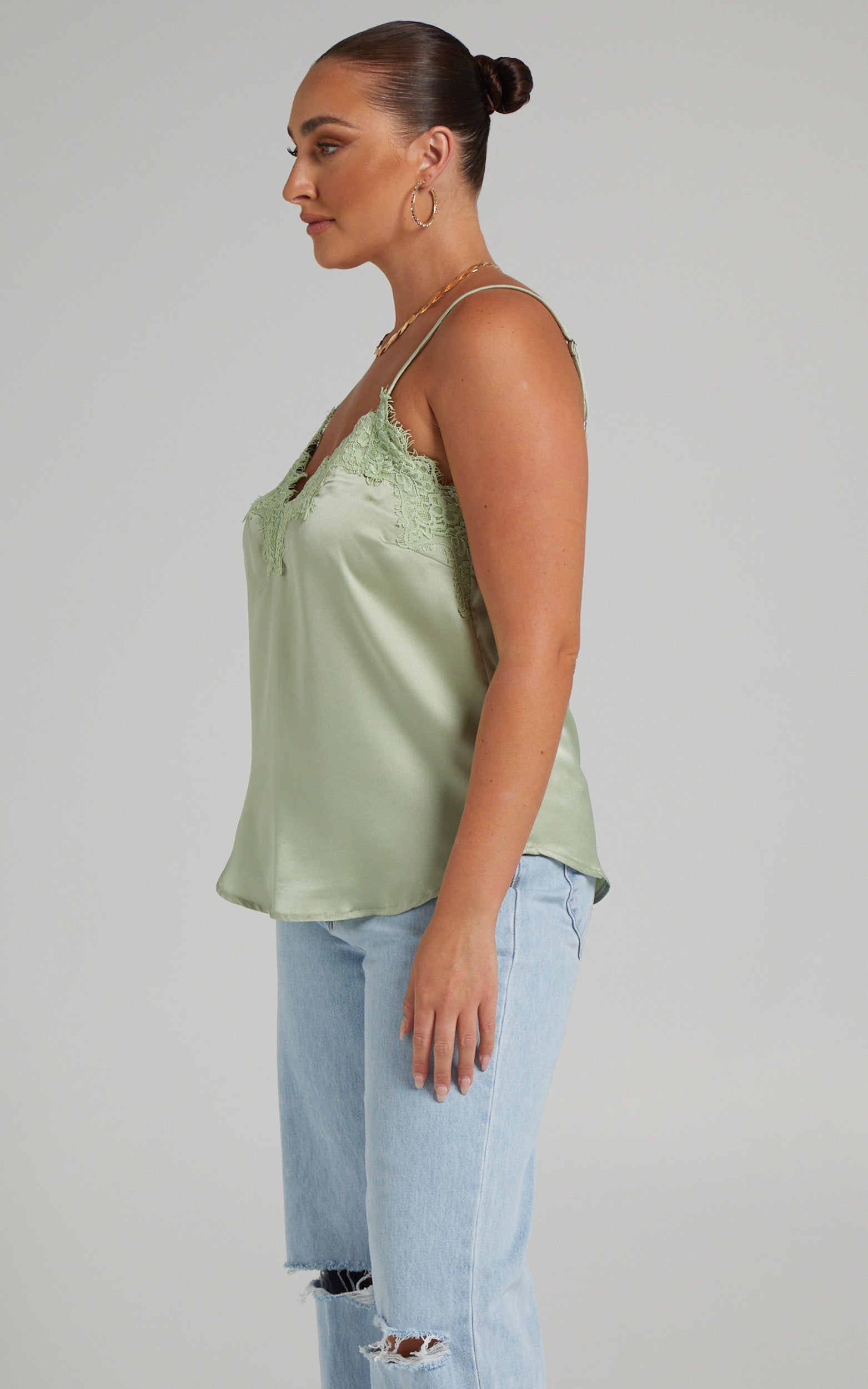 Jennifer Lace Trim Cami in Green Satin