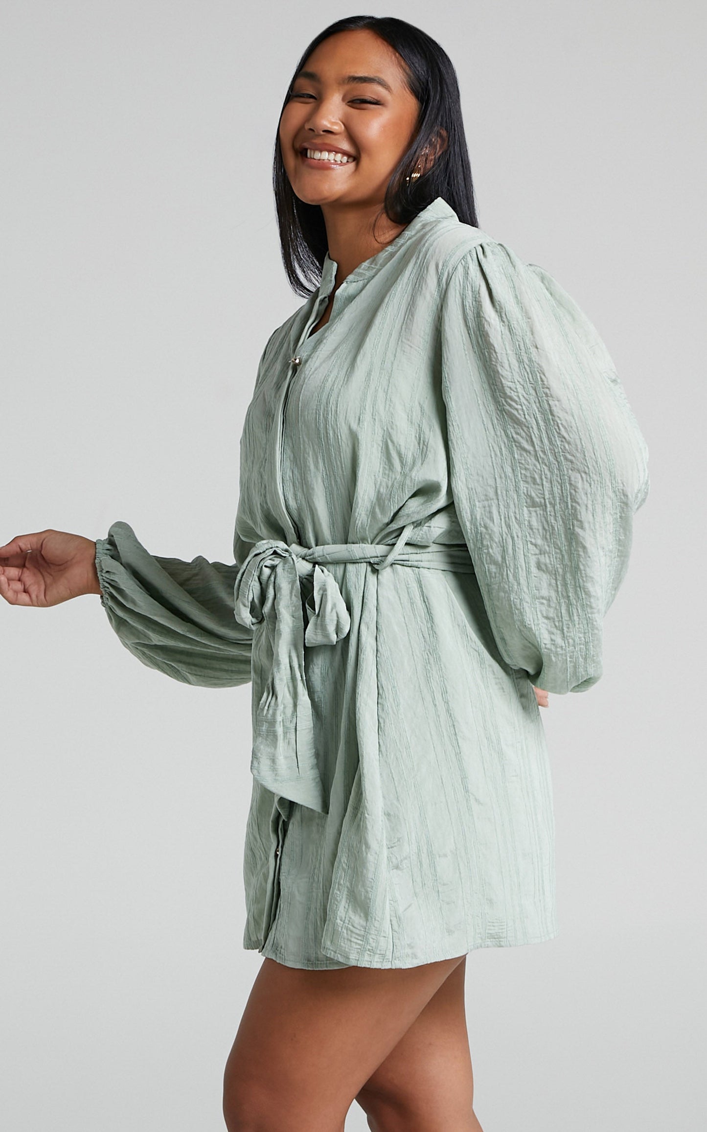 Maika Mini Dress - Button Up Balloon Sleeve Shirt Dress in Sage