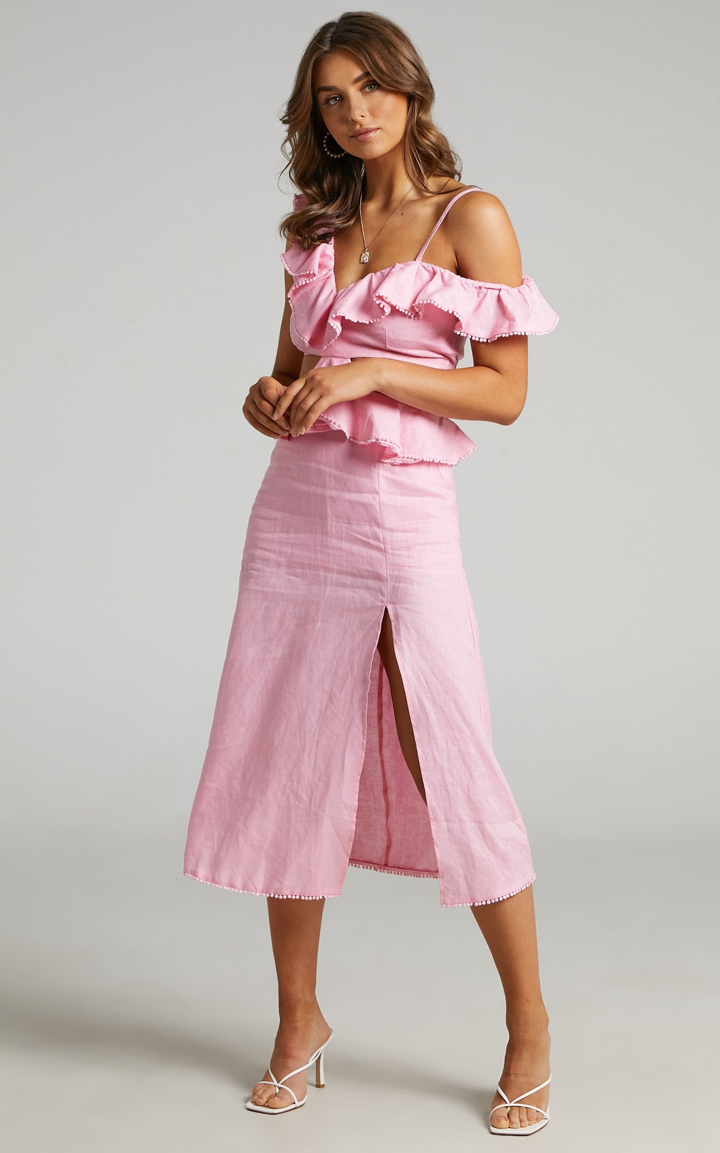 Marthell Midi Dress - Linen Cut Out Asymmetric Shoulder Frill Dress in Light Pink