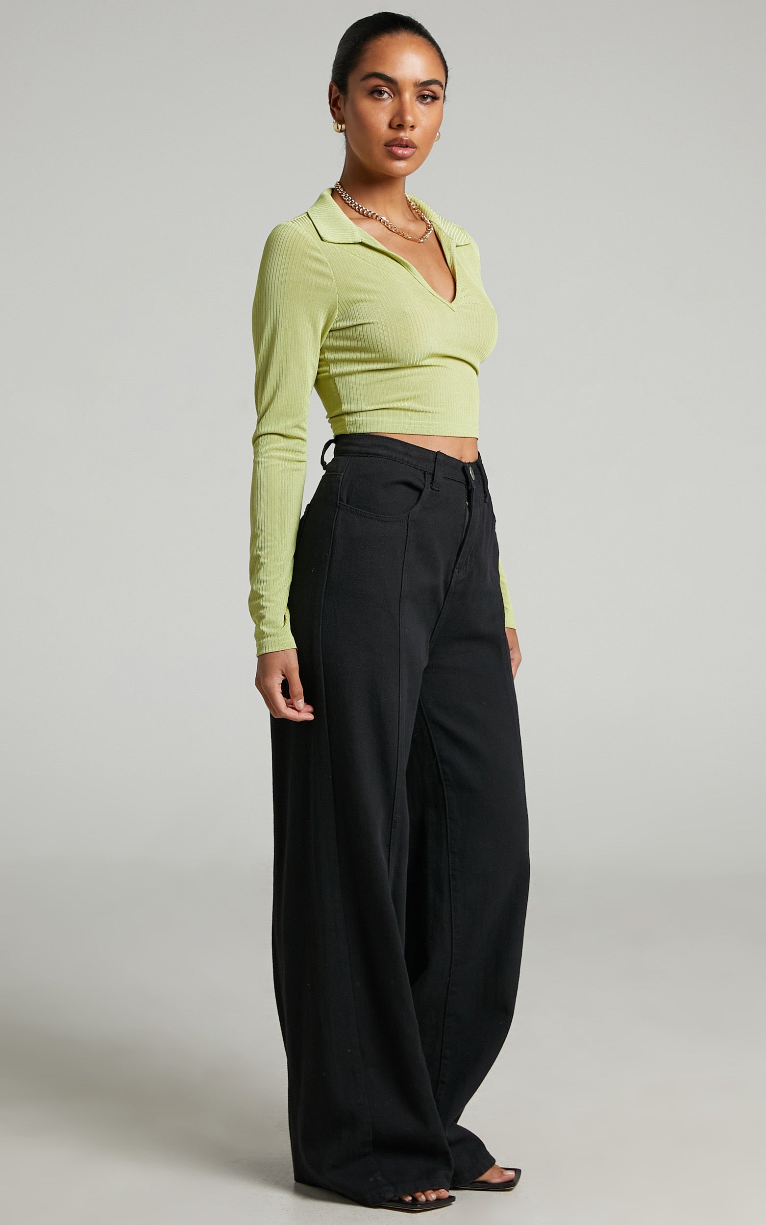 Marvel Collared Long Sleeve Top in Green Rib
