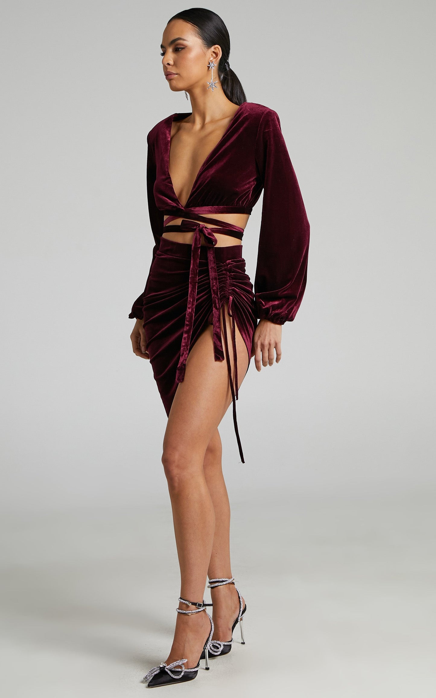 Maybelyn Mini Skirt - Velvet Ruched Asymmetric Skirt in Burgundy
