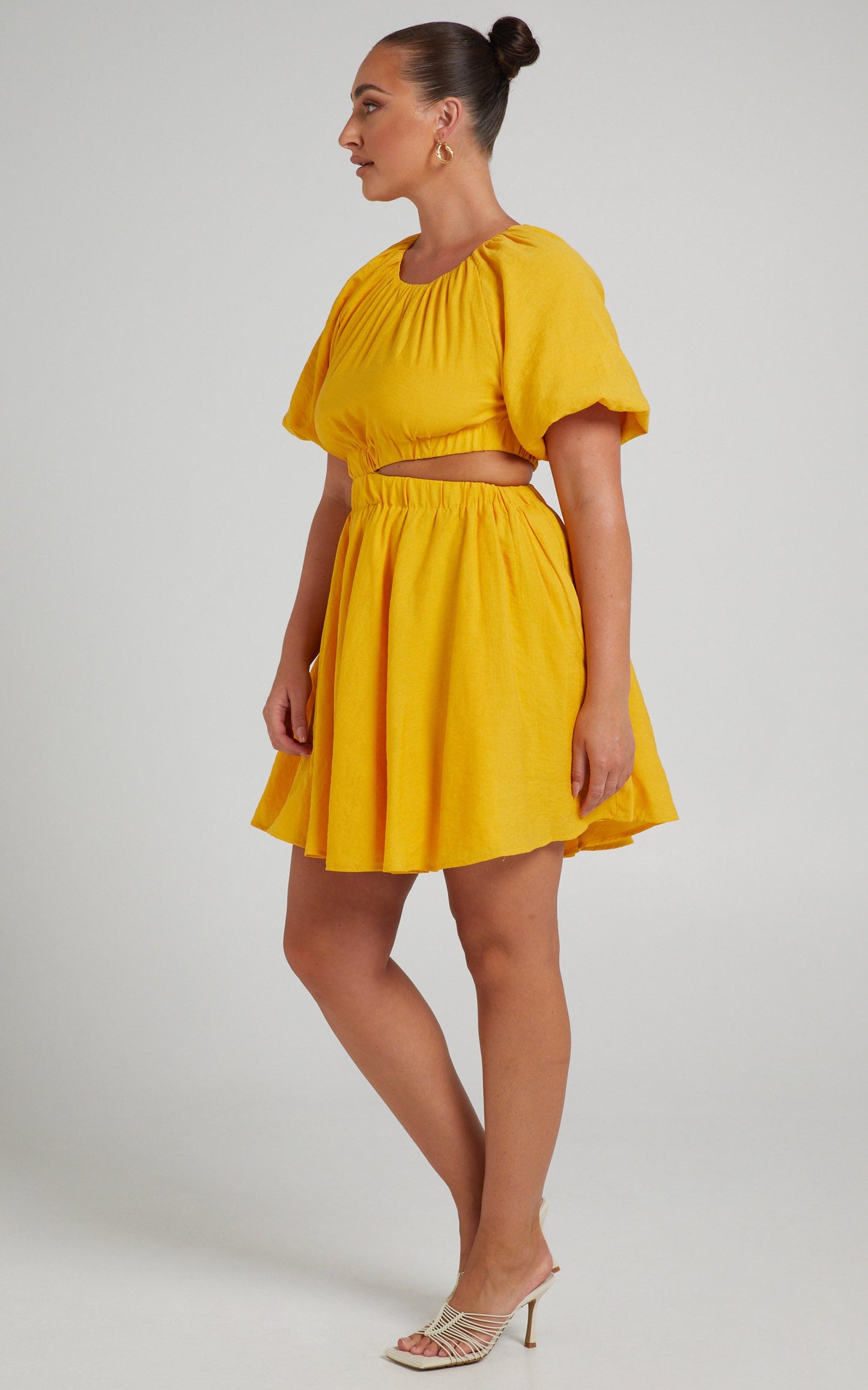 Hadley Mini Dress - Puff Sleeve Cut Out Dress in Yellow