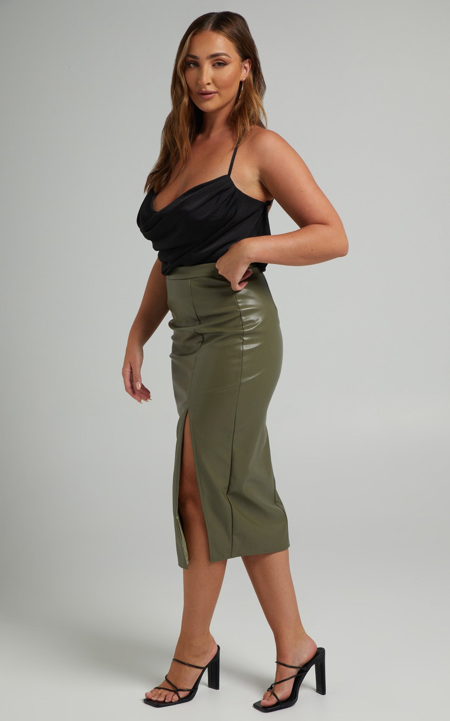 Tavua Midi Skirt - Faux Leather Split Skirt in Olive