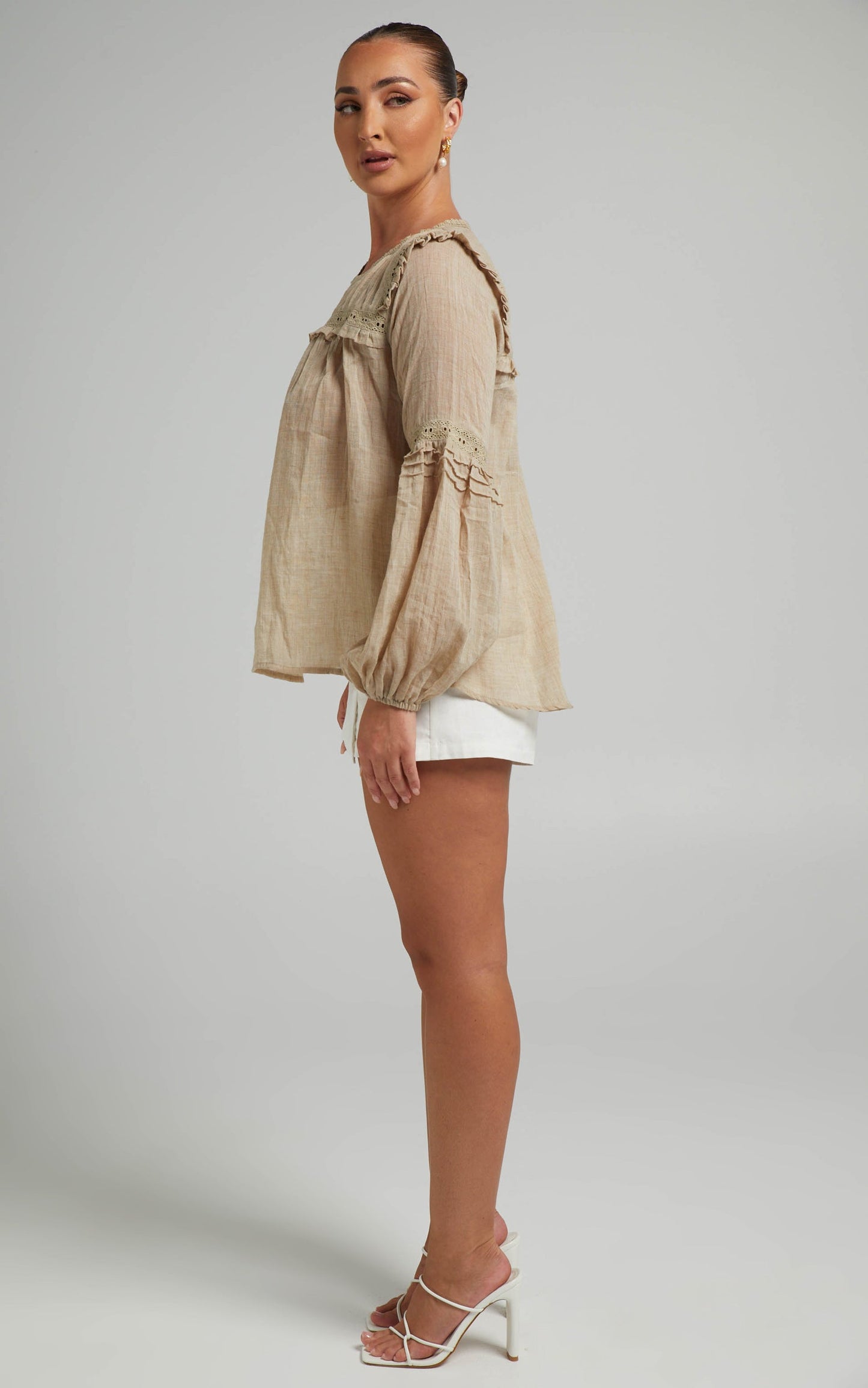Izeth Long Sleeve Broderie Trim Blouse in Beige