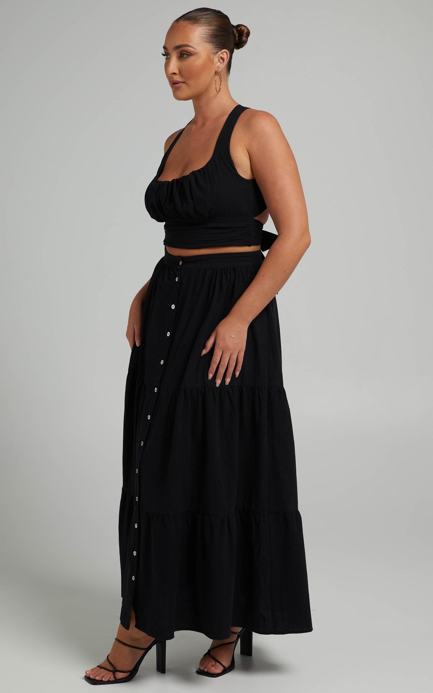 Arabella Tiered Button Front Maxi Skirt in Black