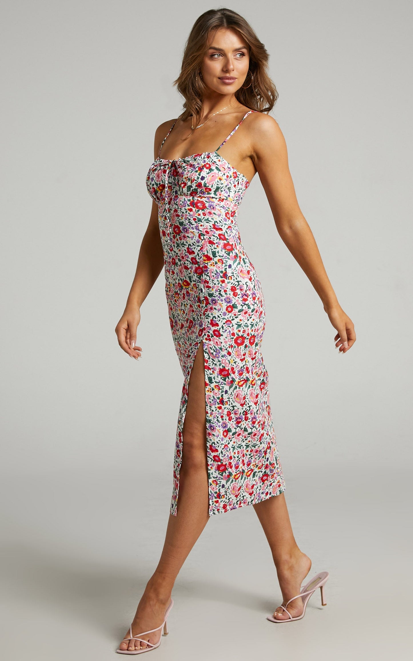 Misty Tie Up Front Midi Dress in White Floral