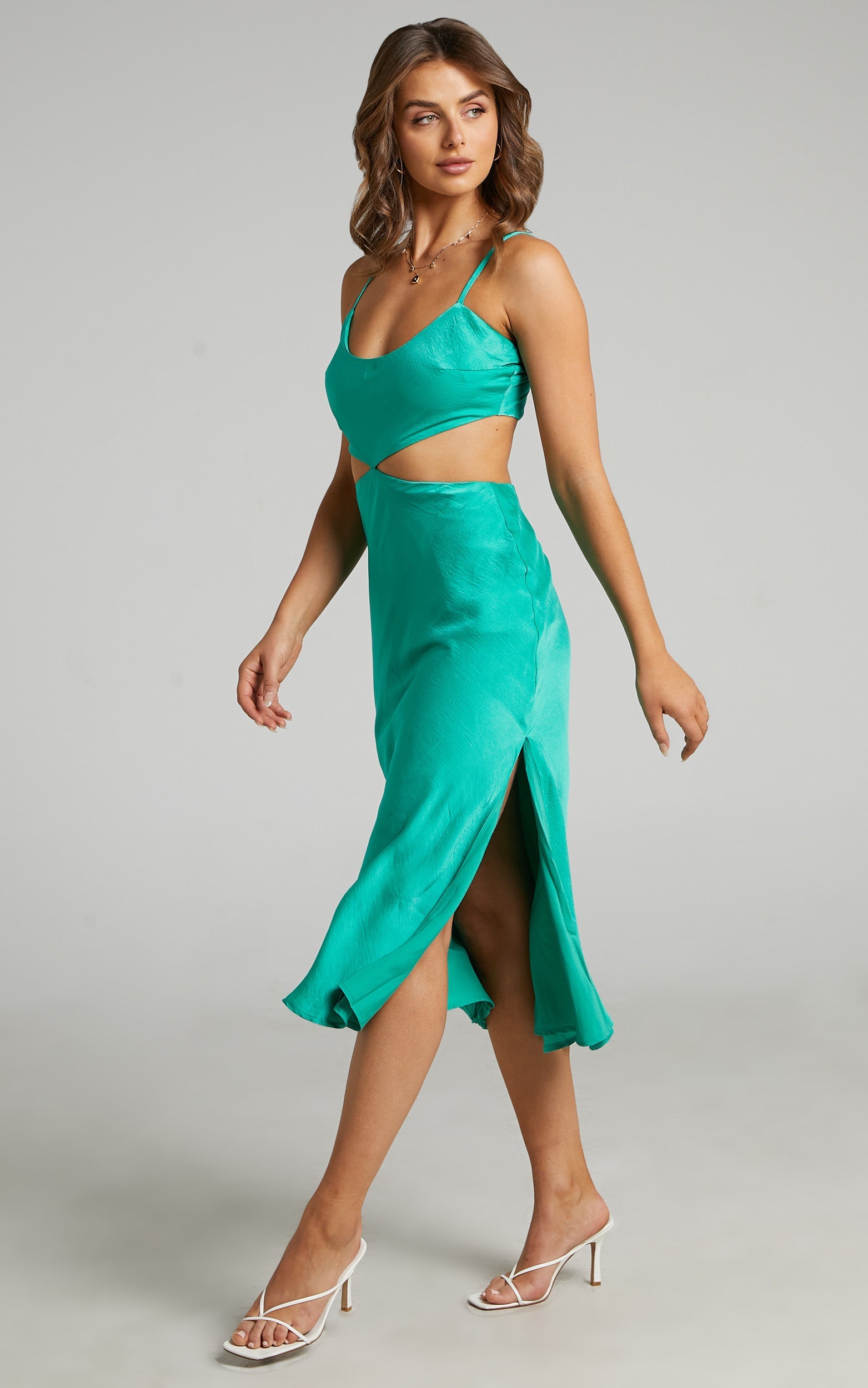 Ninette Cut Out Slip Dress in Jade Satin