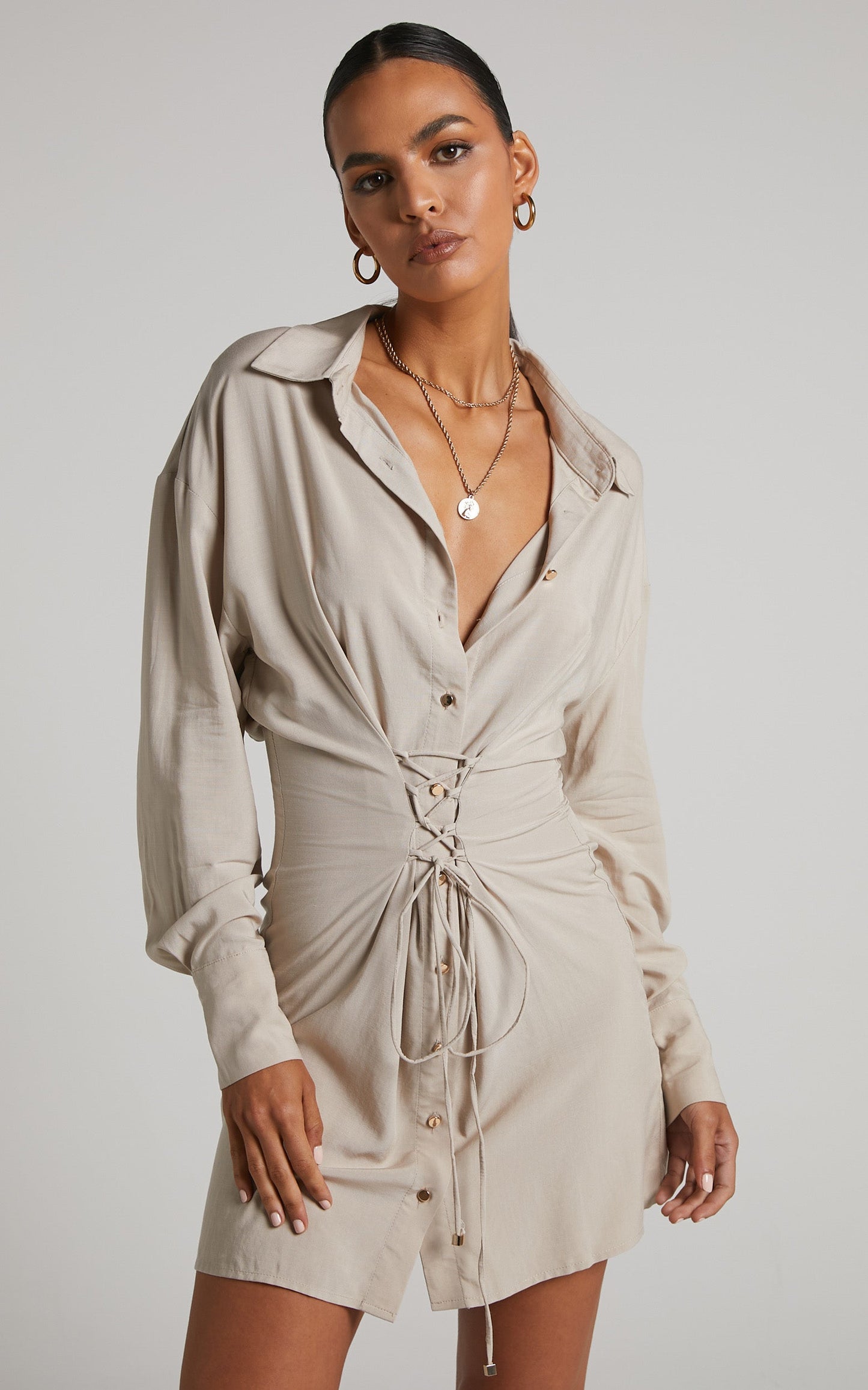 Novabella Mini Dress - Lace Up Button Through Shirt Dress in Natural