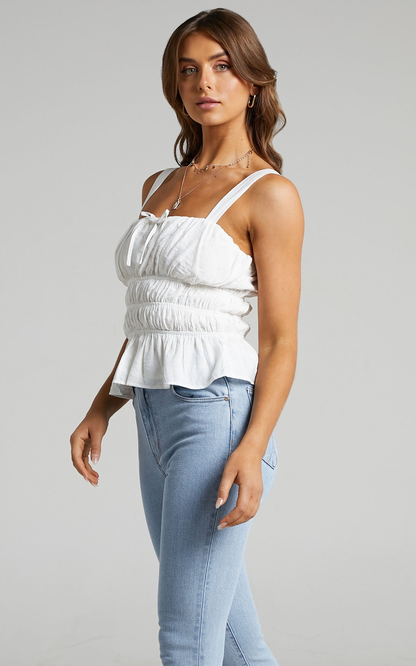 Novana Ruched Peplum Top in White