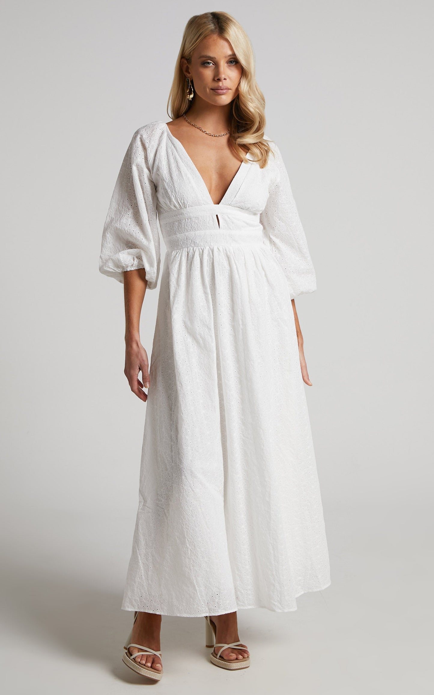 Philippa Midi Dress - Plunge Neck Long Sleeve Broderie Dress in White Broderie Anglaise