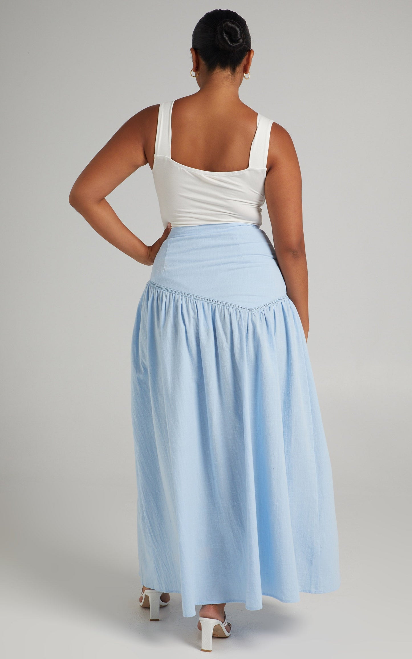 Jalena Thigh Slit Asymmetric Maxi Skirt in Light Blue