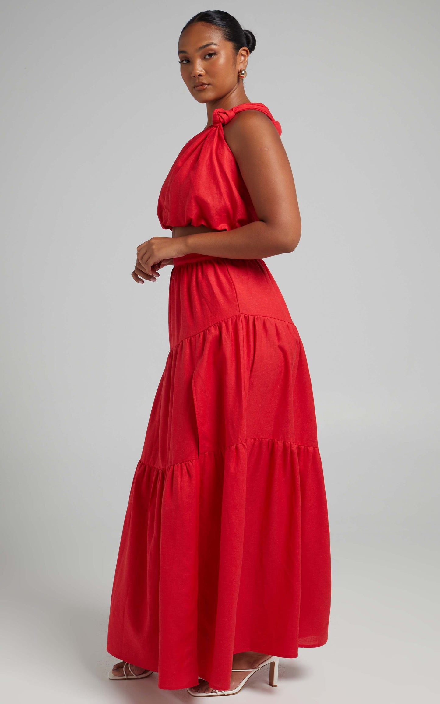 Aerilyn Two Piece Set - Linen One Shoulder Crop Top and Midi Skirt Set in Red
