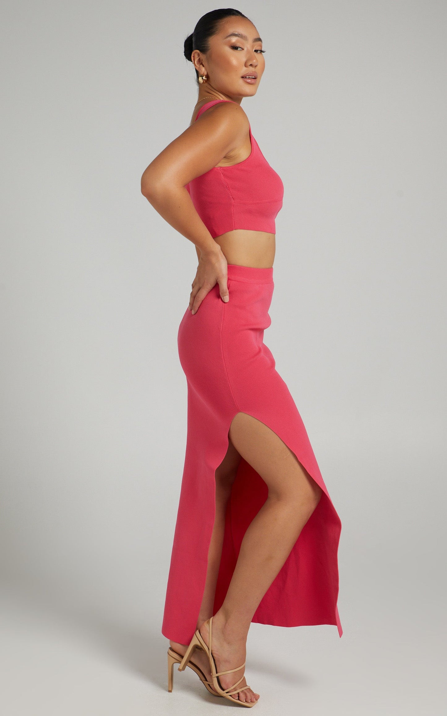 Matina Two Piece Set - Fitted Crop Top and Thigh Split Midi Skirt Ribbed Set in Hot Pink