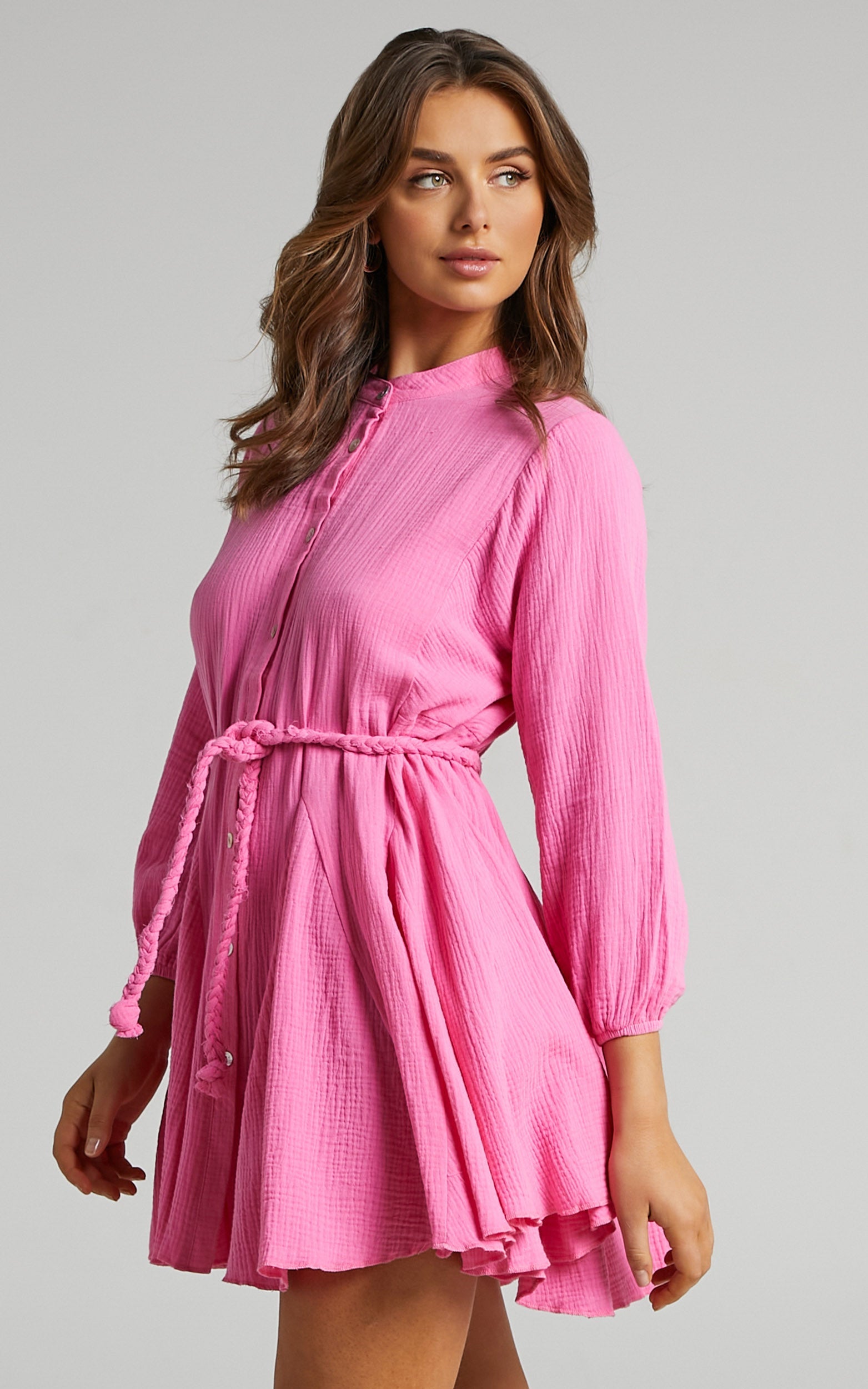 Raphaelle Mini Dress - Long Sleeve Button Up Dress in Pink