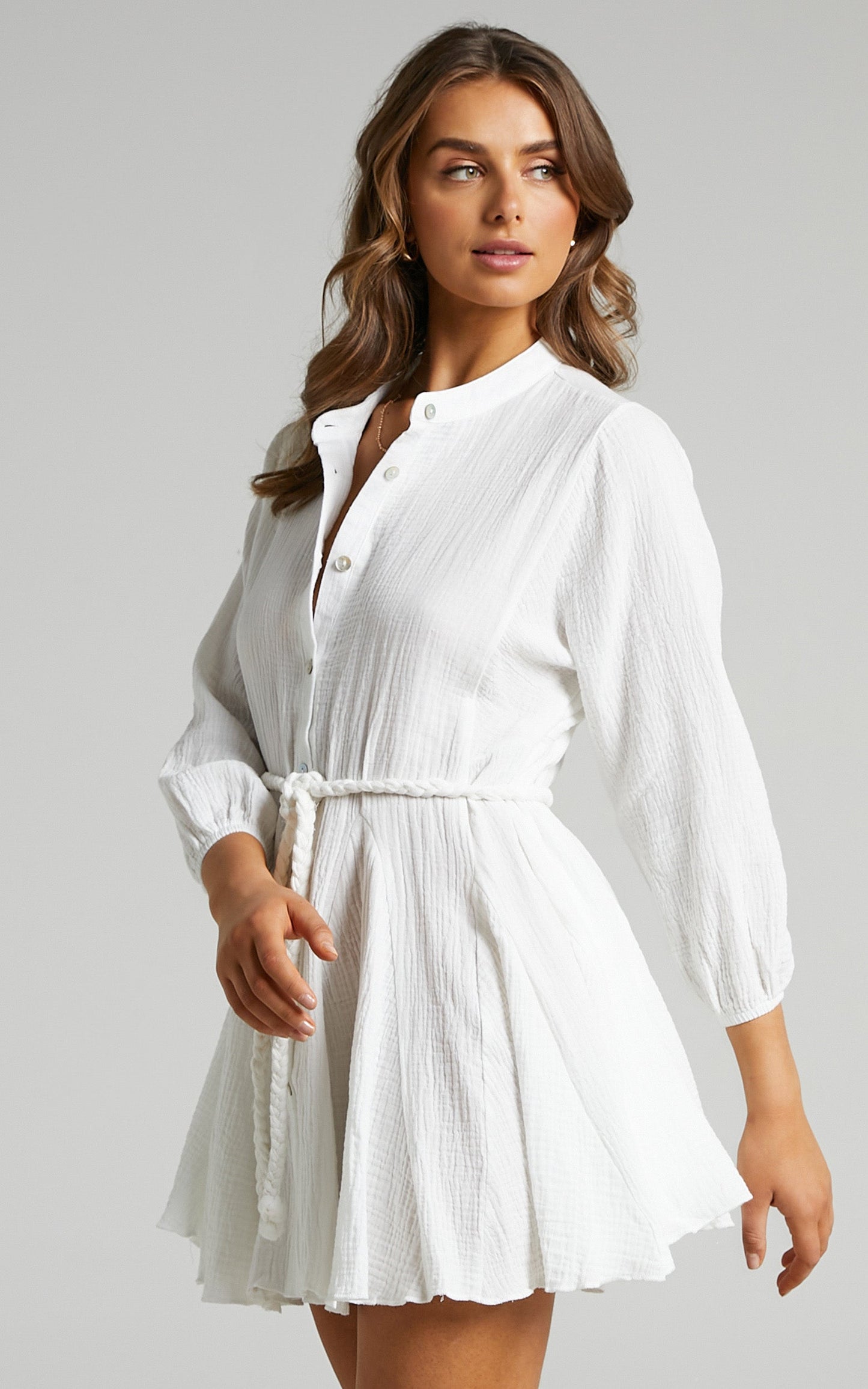 Raphaelle Mini Dress - Long Sleeve Button Up Dress in White