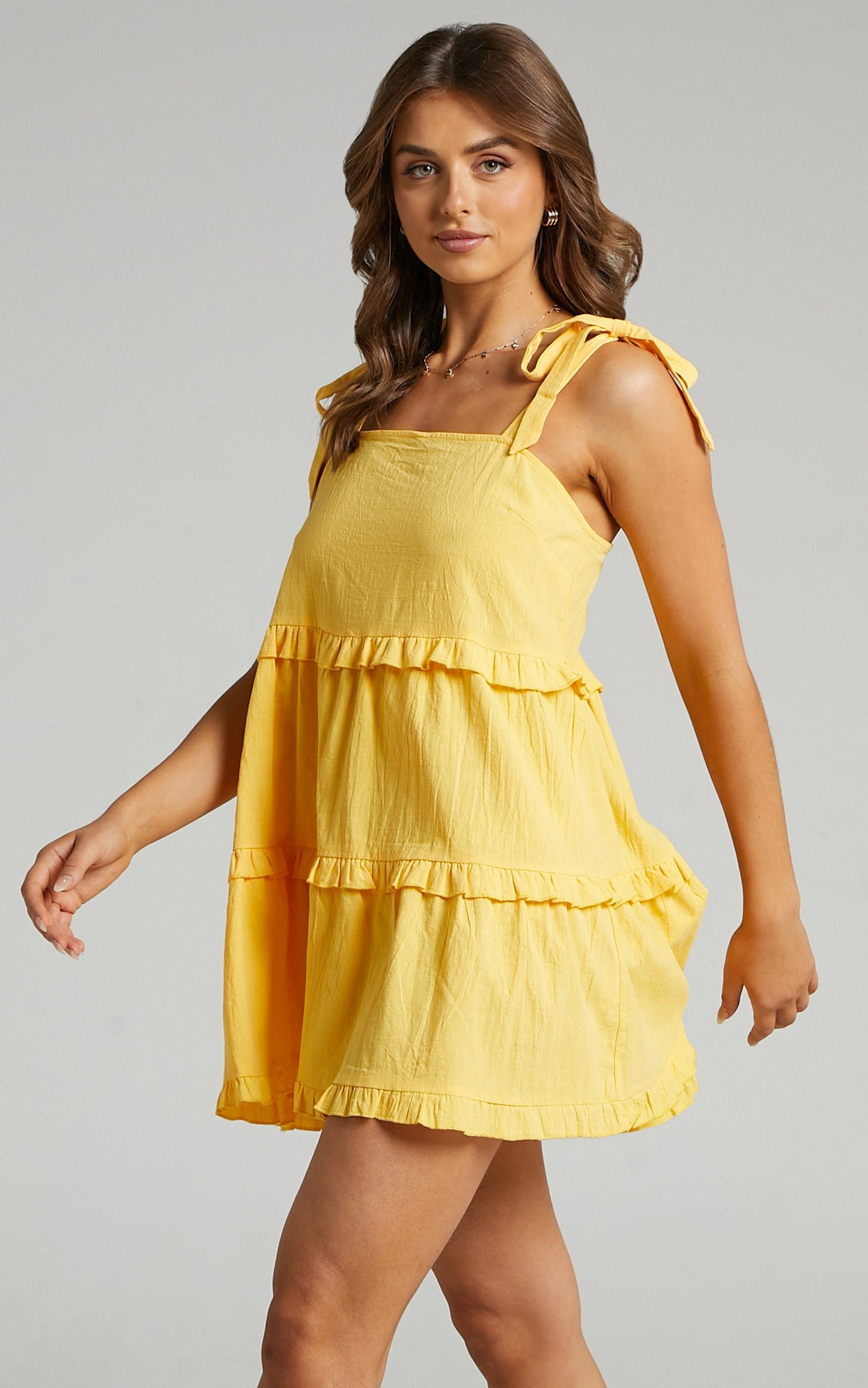 Samantha Mini Dress with Tie Up Shoulders in Yellow