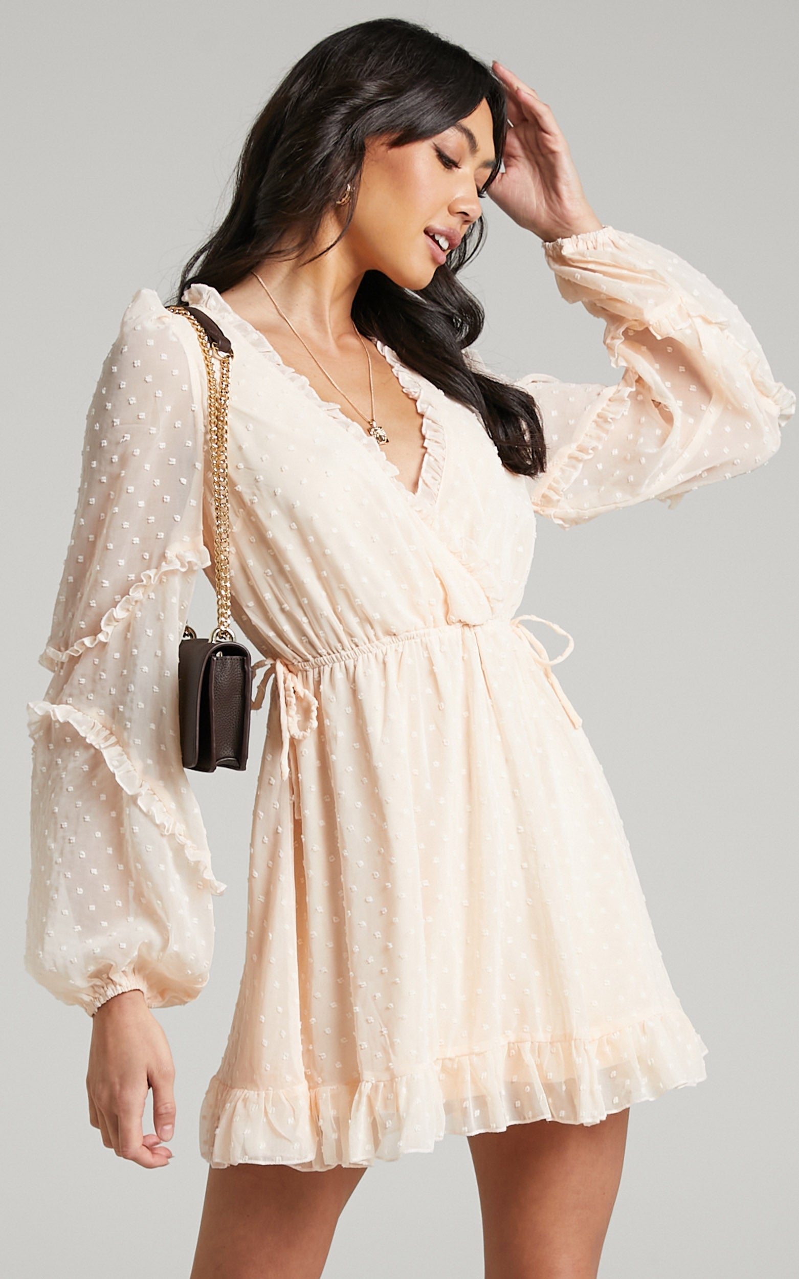 Sancha Mini Dress - Long Sleeve Frill Dress in Cream