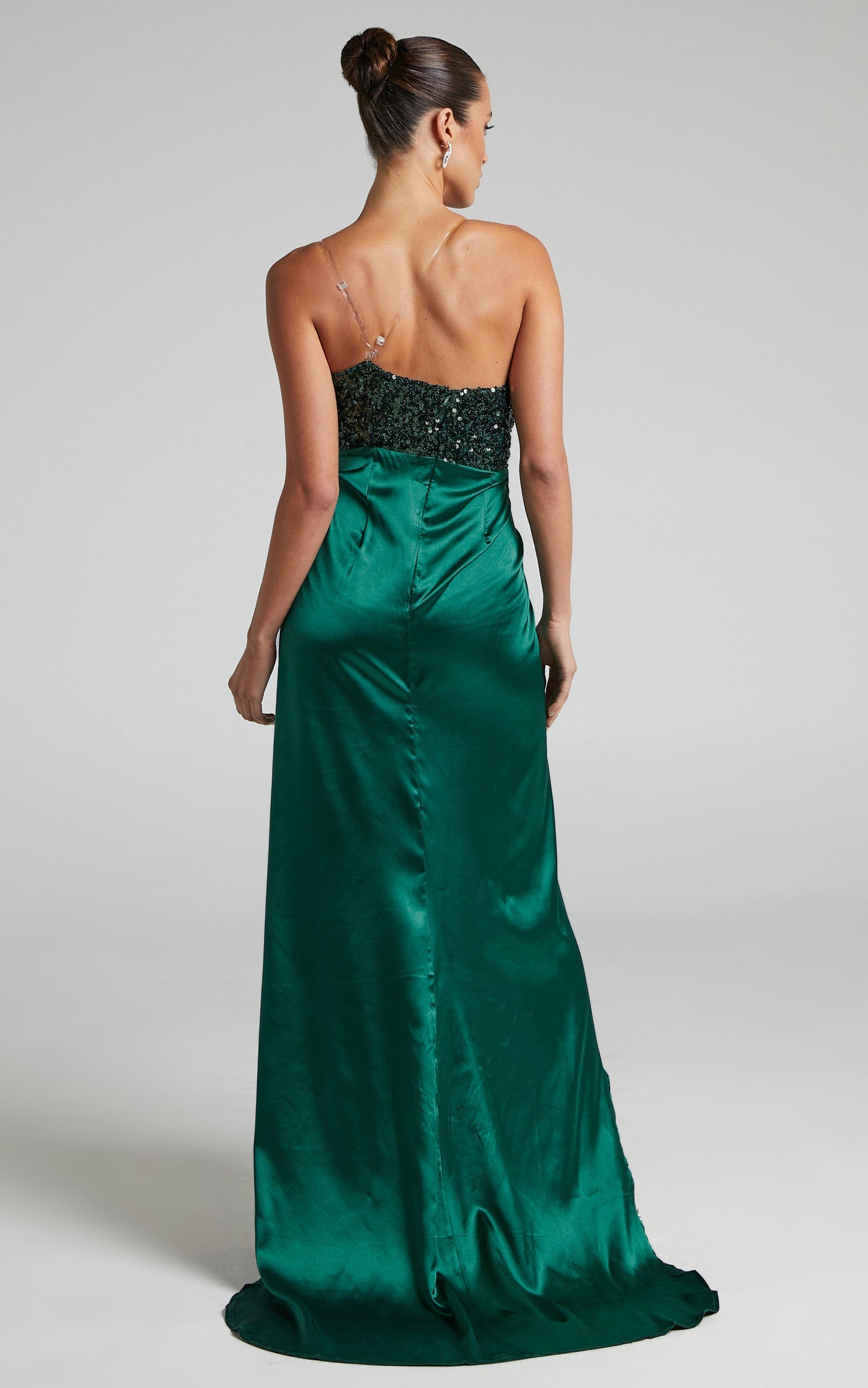 Tiffania Maxi Dress - High Split Asymmetric Sequin Bodice Strapless Dress in Emerald