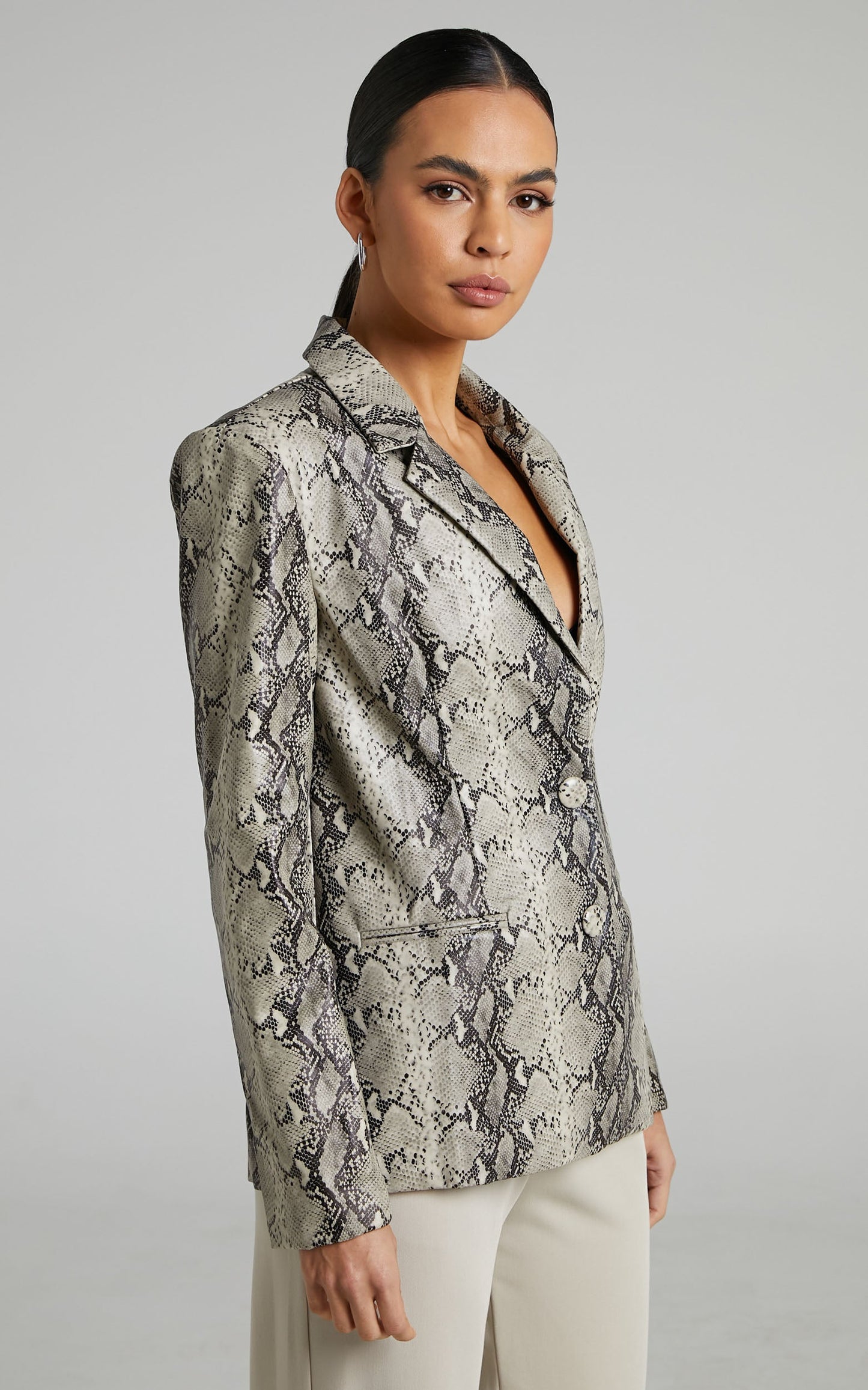 Tyanne Blazer - Faux Leather Snake Print Blazer in Nude Snake