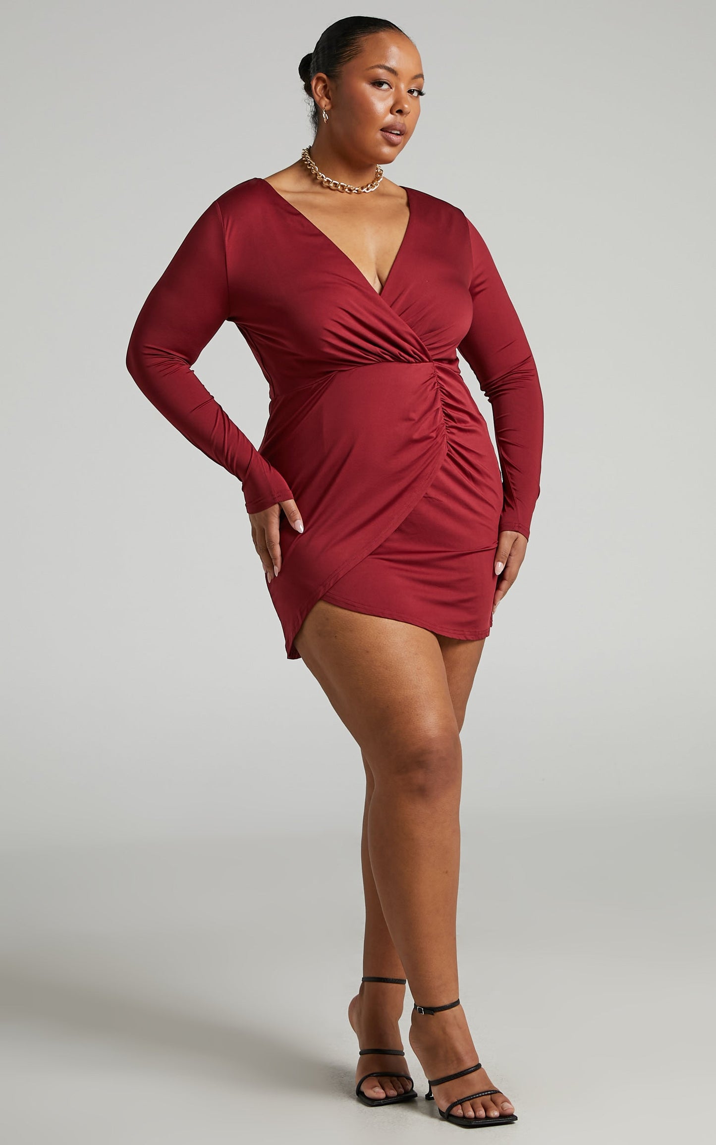 Zoza Mini Dress - Ruched Long Sleeve Tulip Hem Dress in Berry