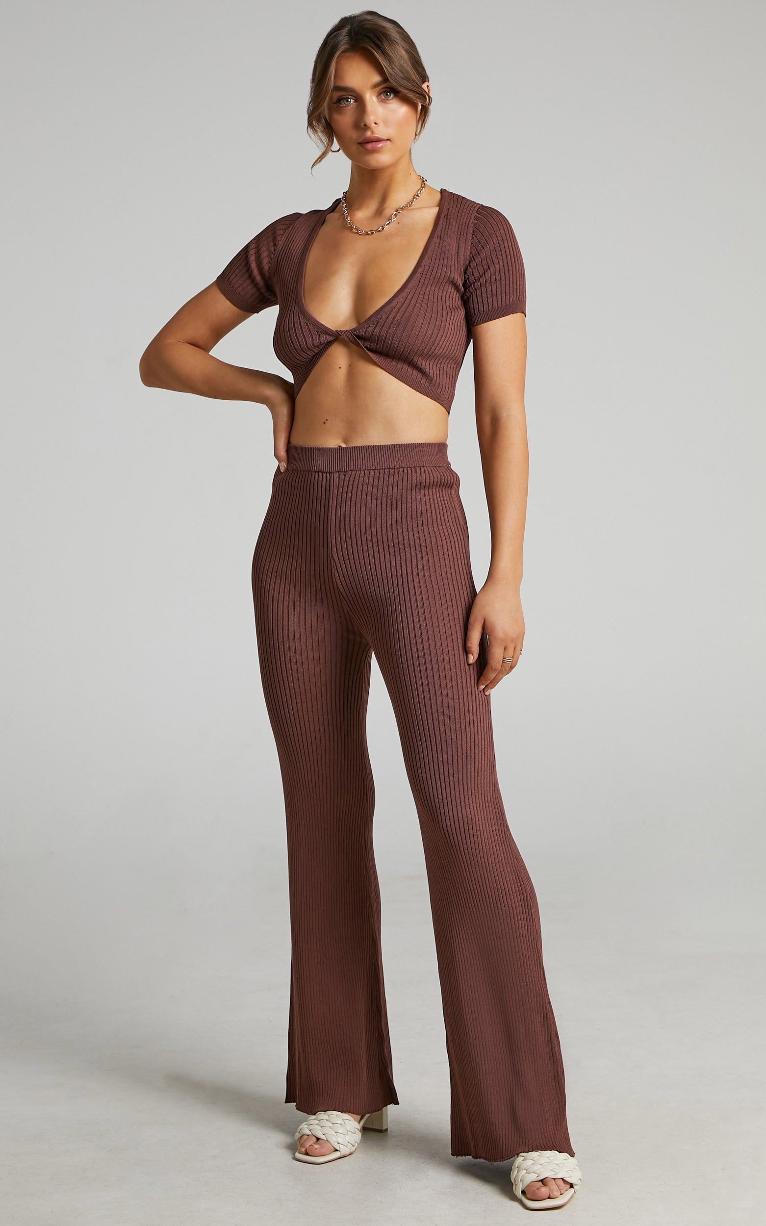 Zyanya Ribbed Cropped Two Piece Set in Chocolate