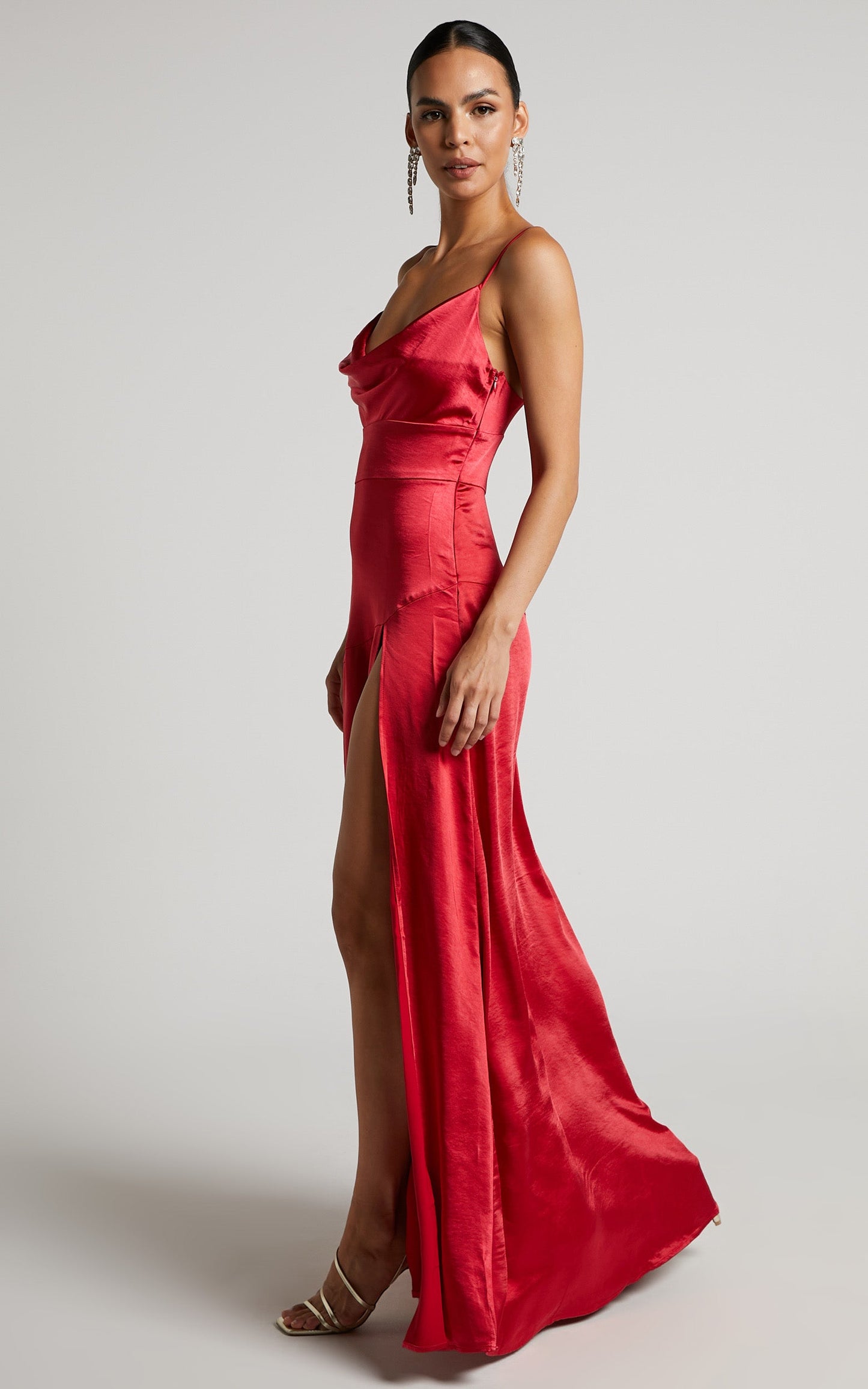 Cleopathra Maxi Dress - High Split Cowl Neck Dress in Red