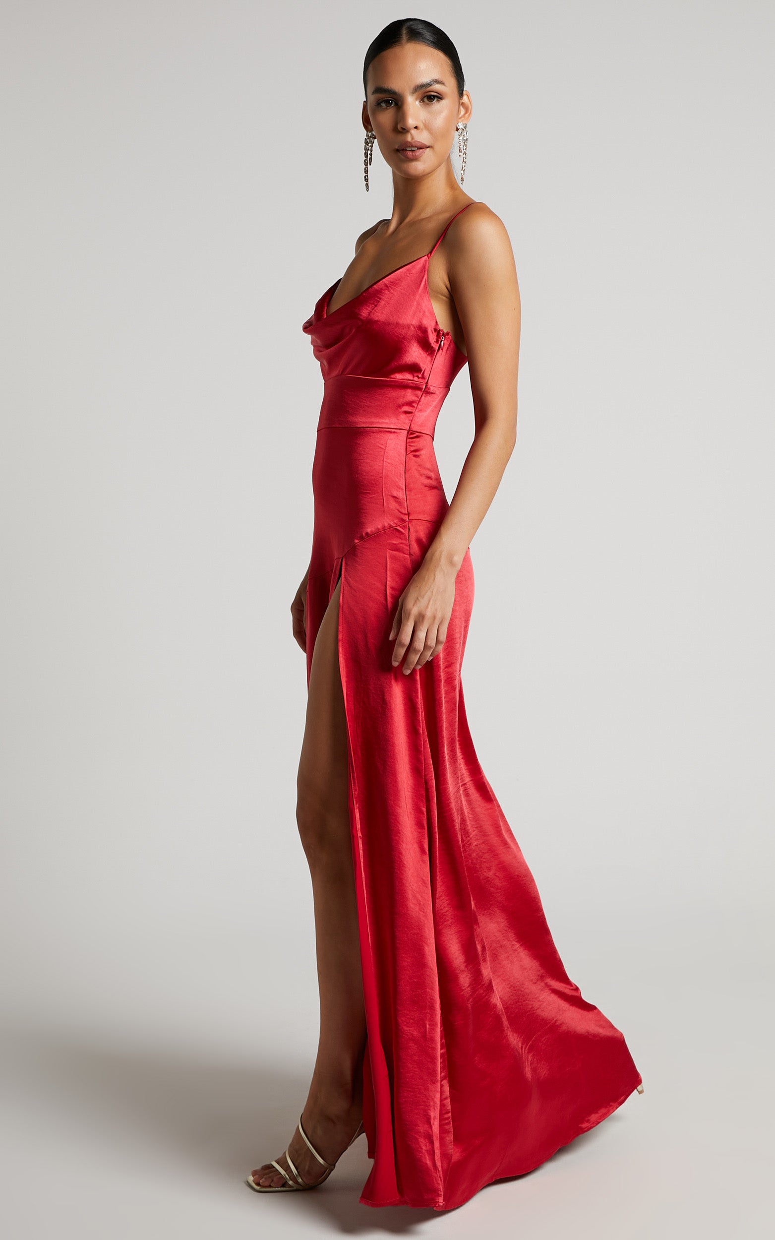 Cleopathra Maxi Dress - High Split Cowl Neck Dress in Red