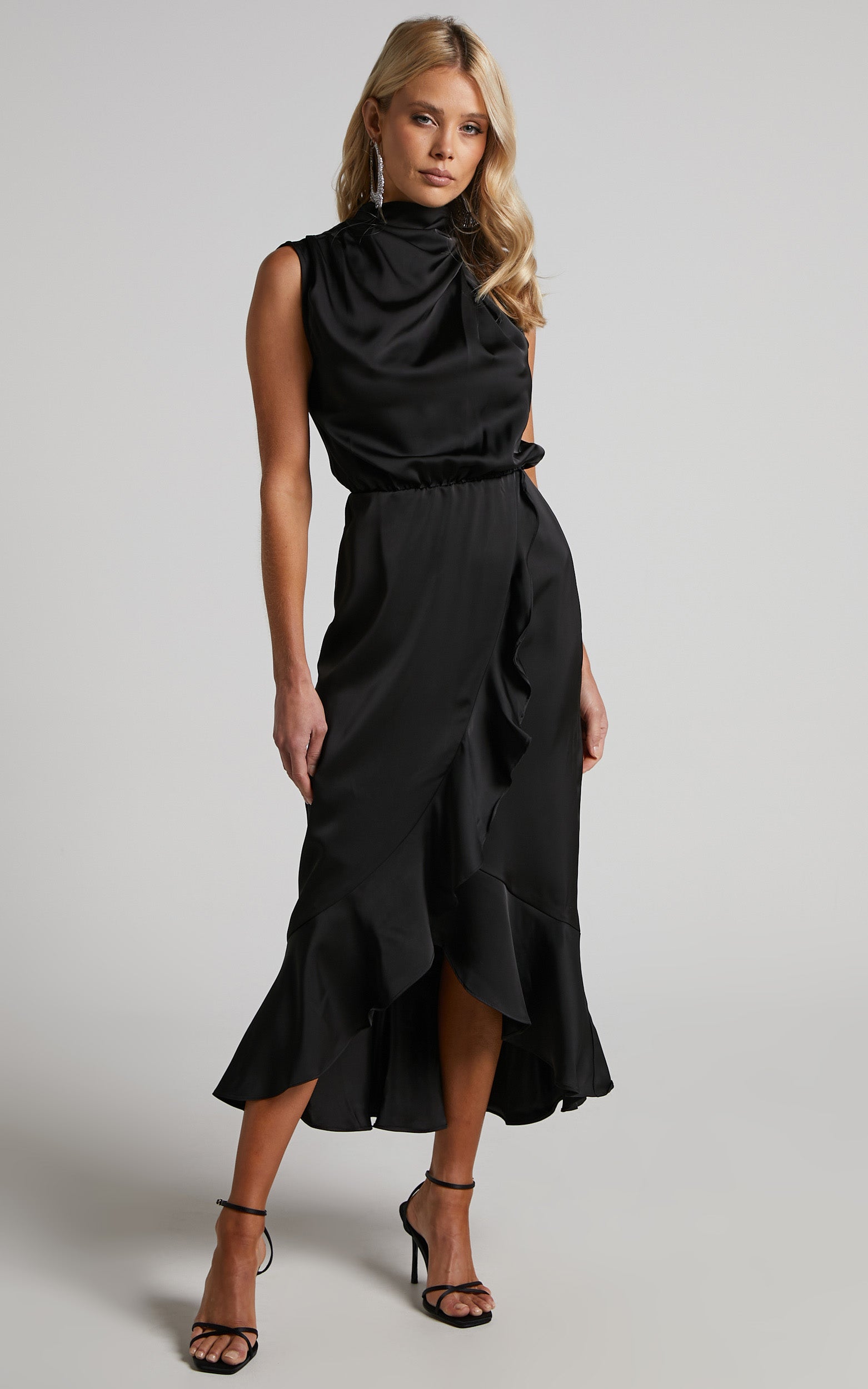 Billie Midi Dress - High Neck Drape Frill Hem Dress in Black