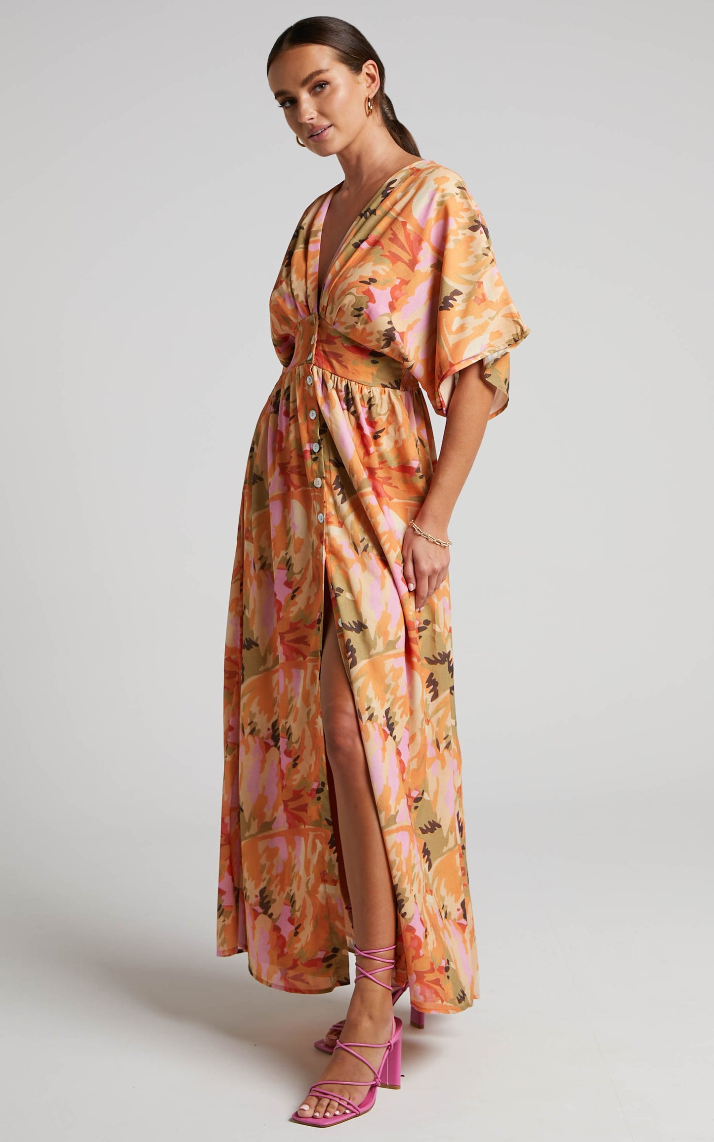 Heira Midi Dress - Flutter Sleeve Button Down Dress in Palm Print