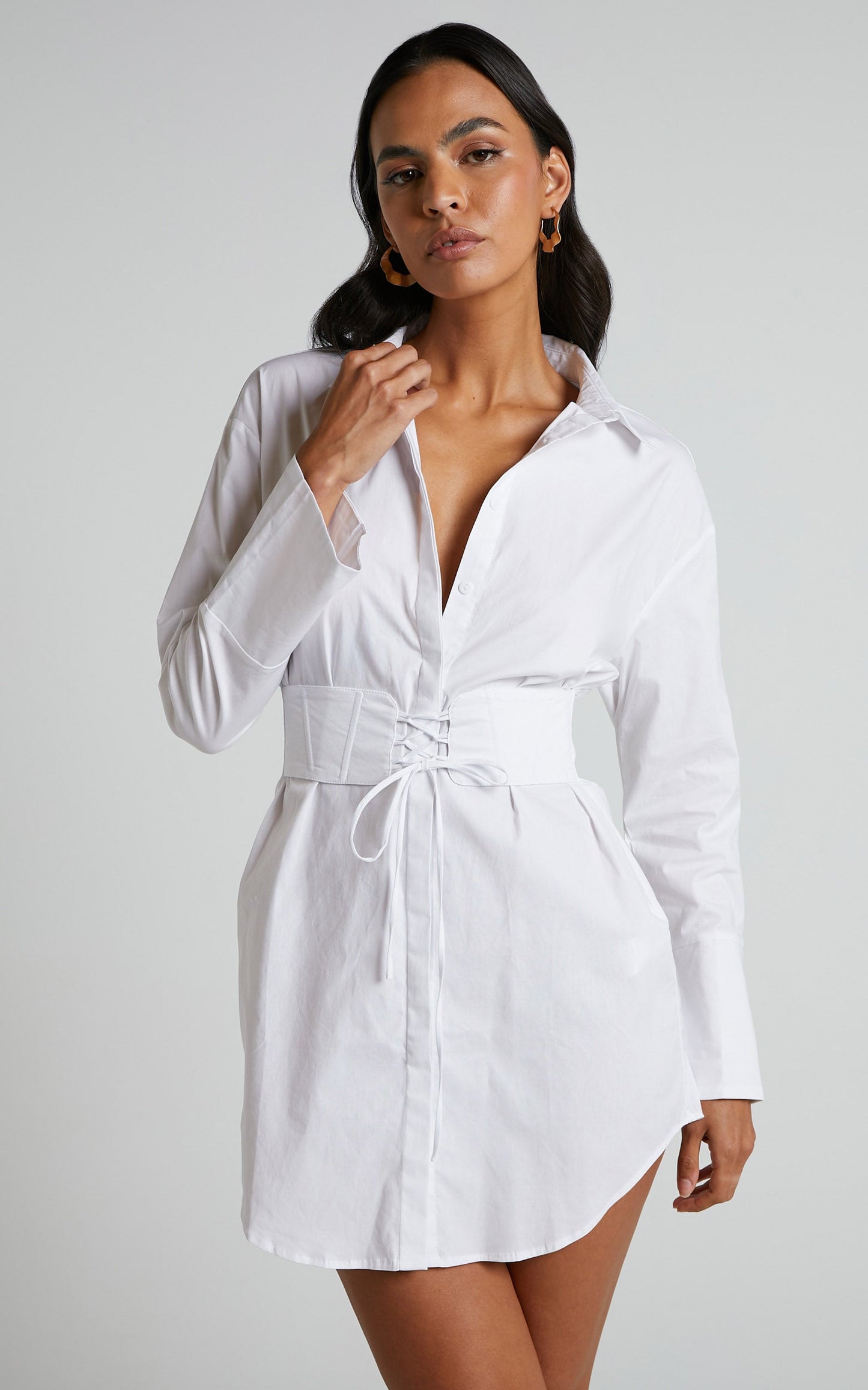 Ichia Mini Dress - Corset Shirt Dress in White