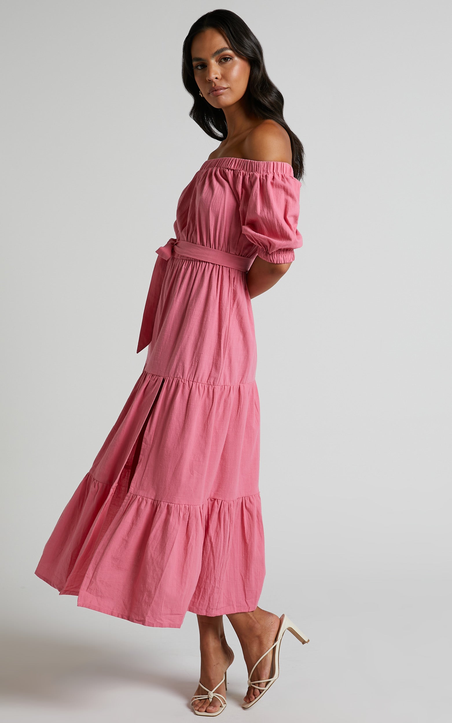 Leora Midi Dress - Off Shoulder Tiered Dress in Pink
